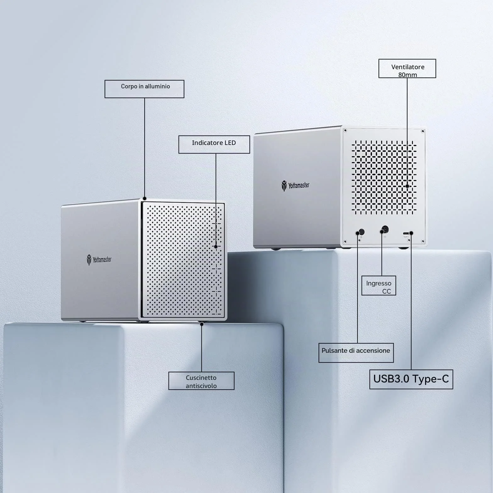 Yottamaster 5 Bay Case per Disco Rigido Alluminio Type-C Esterno SATA III HDD SSD 80mm Ventilatore