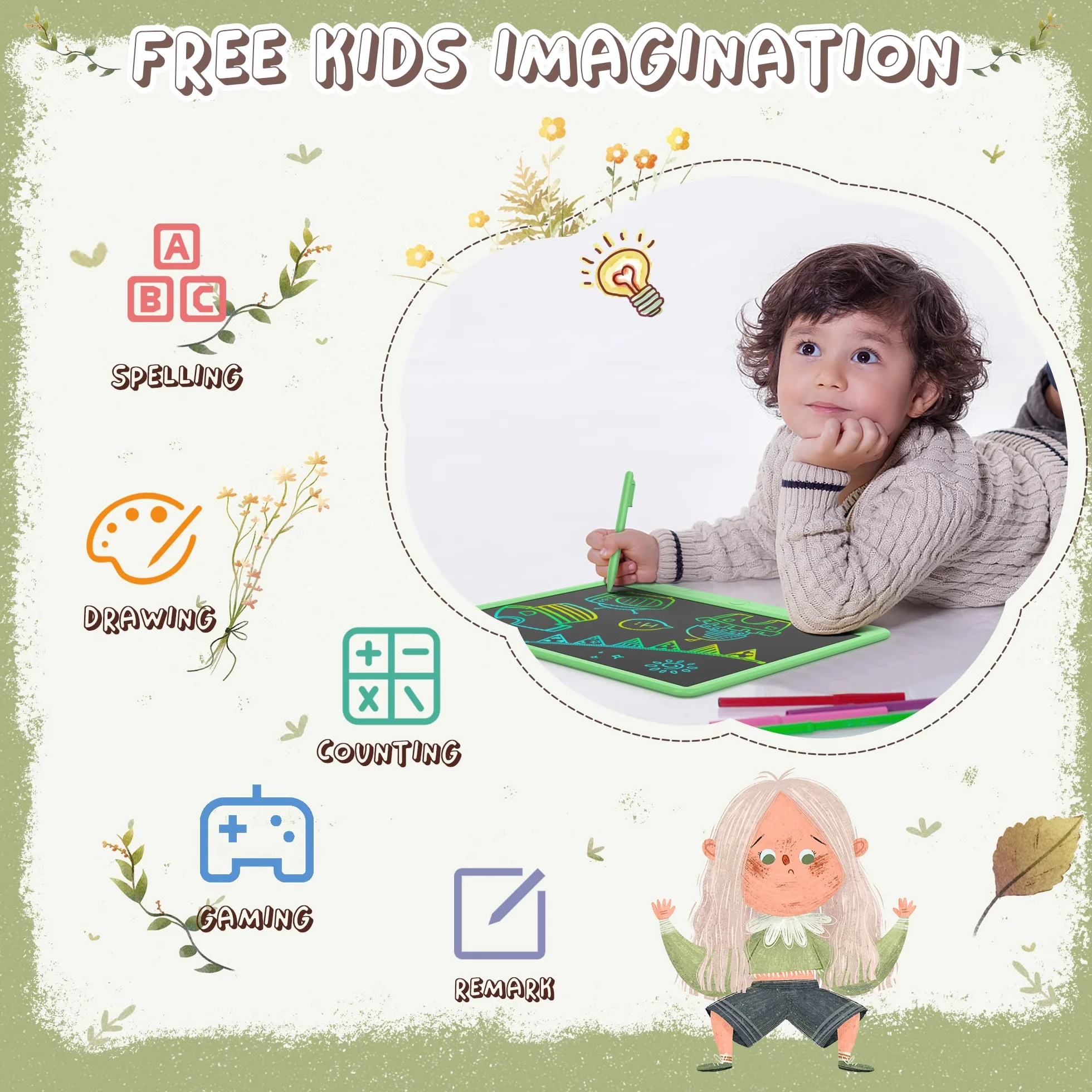 GIGART Lavagna LCD 15 pollici con chiusura a chiave per bambini 3-12 anni (verde)