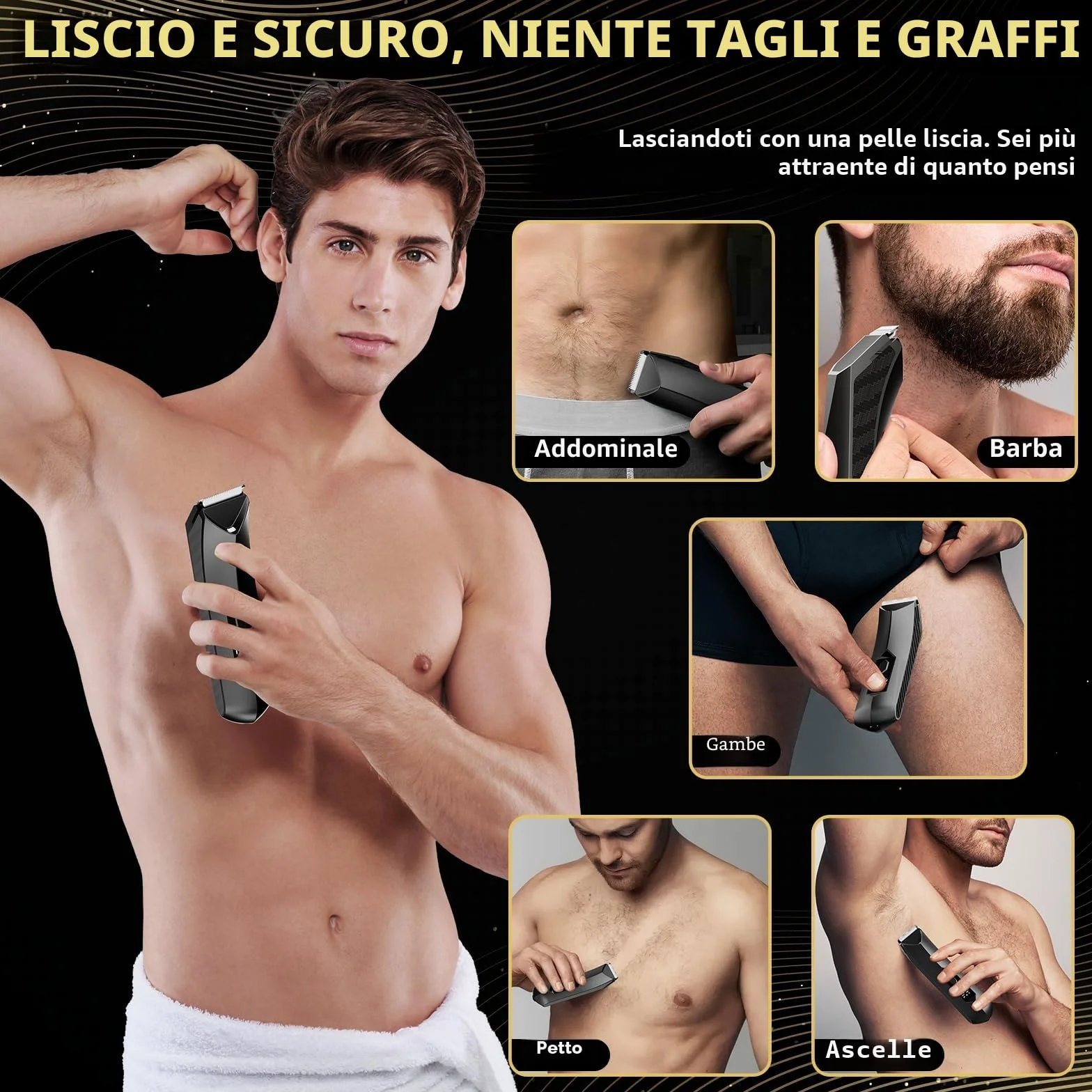 Trimmer per peli del corpo da uomo, rasoi elettrici ricaricabili impermeabile bagnato/asciutto, 4 pettini limitatori, lama ceramica
