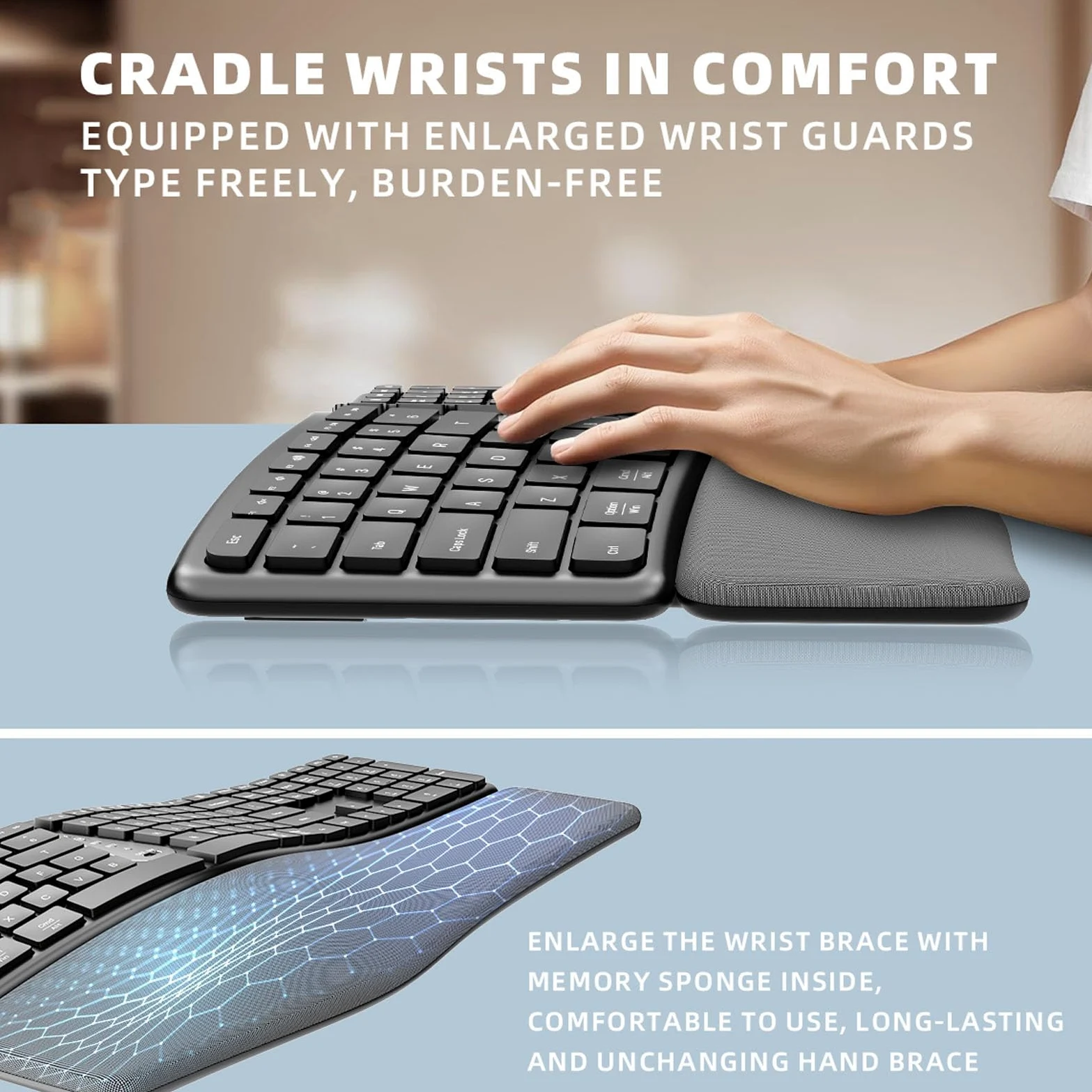 Jectse Tastiera Ergonomica Wireless, Tastiera Divisa Bluetooth con Riposo da Polso, Chiavi di Progettazione delle Onde per la Digitazione, Tastiera per Computer Ricaricabile USB per