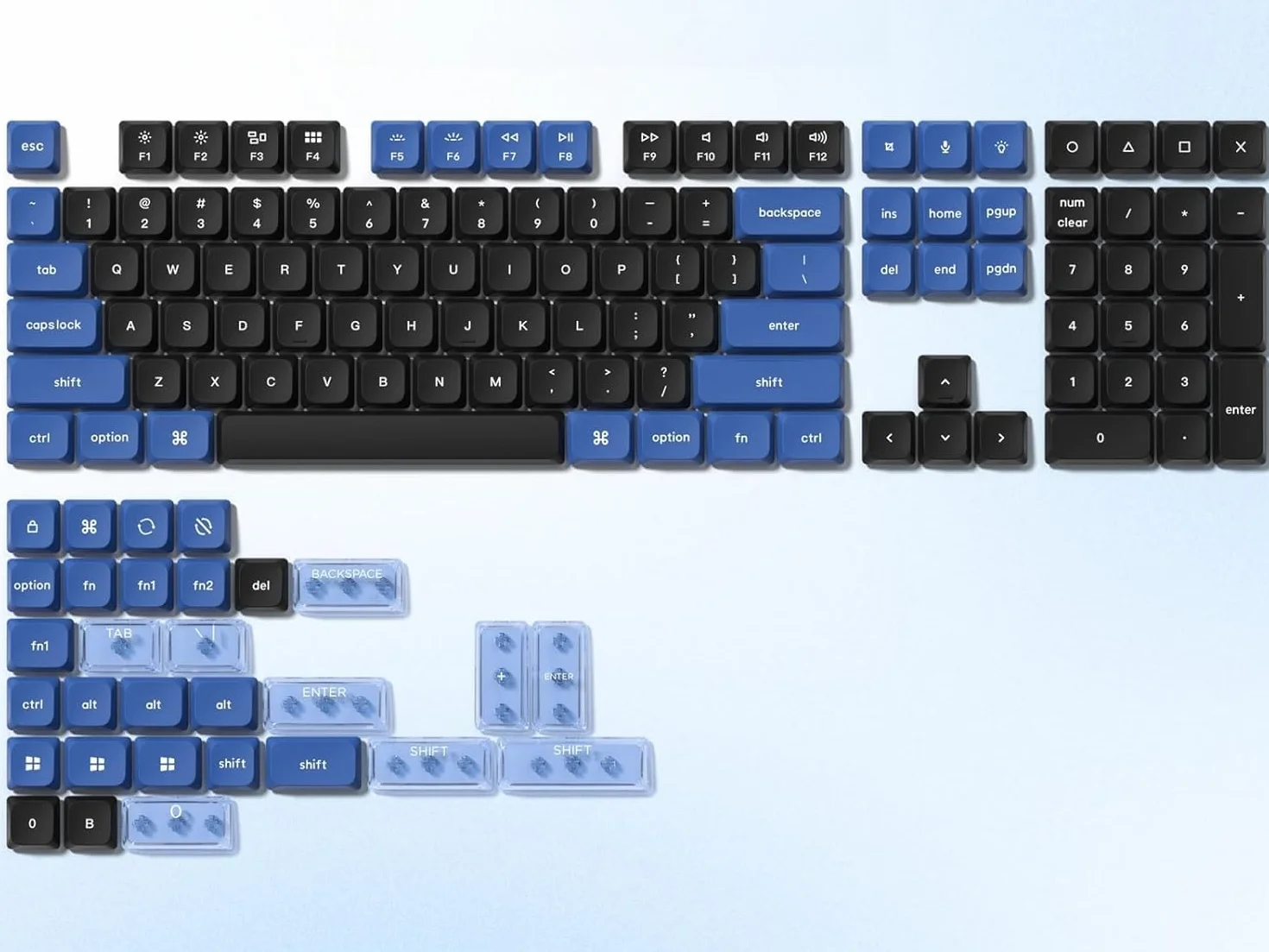 Keycaps Low Profile, Double Shot PBT 60 75 100%, PC materiale trasparente per tastiera, blu scuro/blu per la maggior parte degli switch MX Tastiera meccanica (solo tastierini)