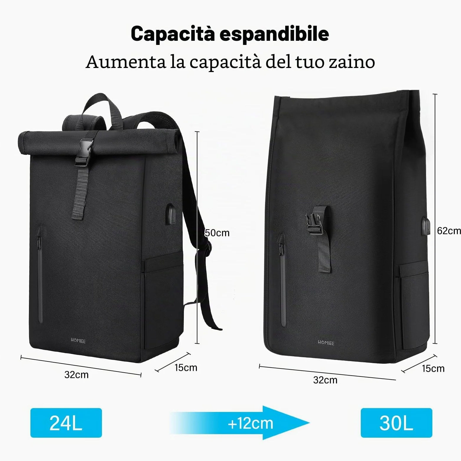 HOMIEE Zaino Rolltop Uomo Donna Zaino Porta PC 17,3 Pollici Zaino da Viaggio Espandibile 24-30L Zaini Uomo Lavoro Impermeabile Zaino Arrotolabile Antifurto con Porta di Ricarica USB