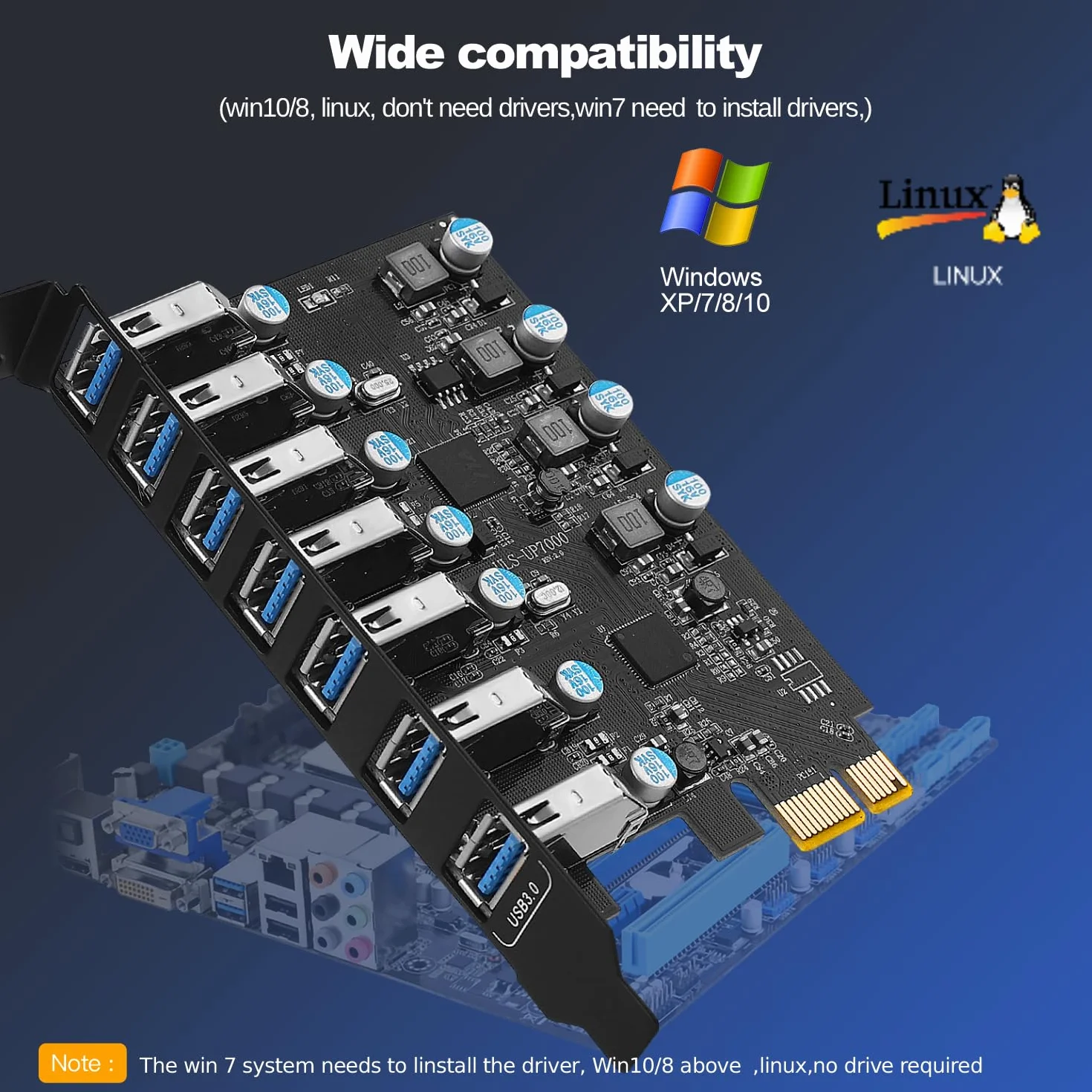 Scheda di espansione USB 3.0 PCIe a 7 porte, scheda di espansione PCI Express USB 5Gbps USB 3.0 PCI Express Hub interno convertitore USB3 per PC desktop Windows