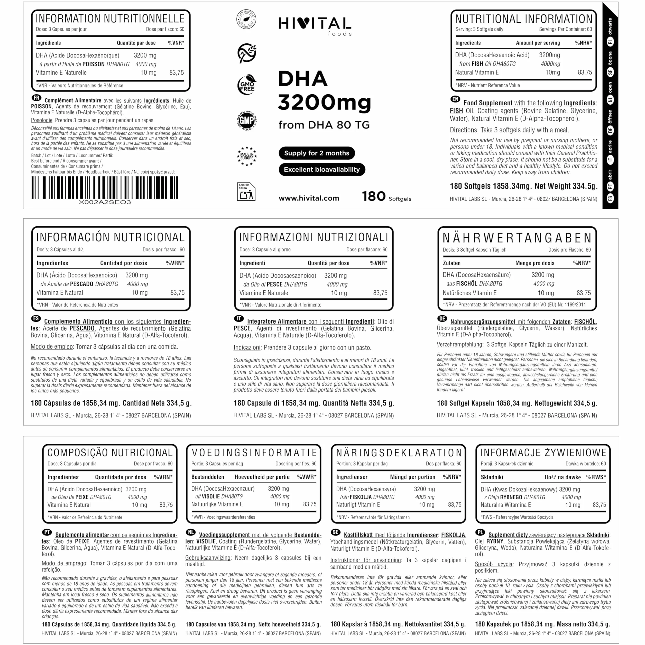 HIVITAL DHA 3200 mg 180 capsule Olio di Pesce Naturale Trigliceridi Senza Glutine Non OGM