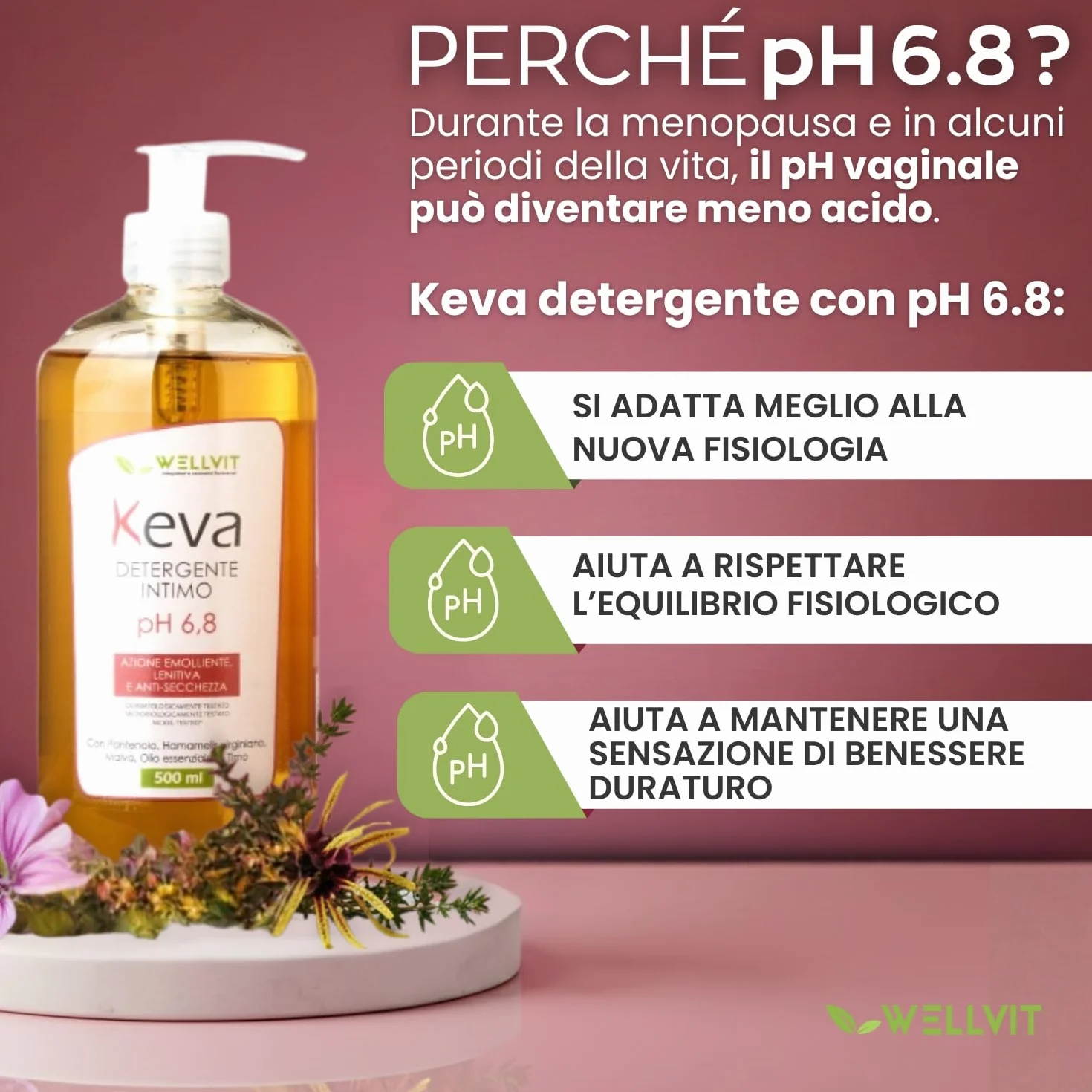 KEVA Wellvit Detergente Intimo Donna pH 6,8 500ml Menopausa Secchezza Pelle Sensibile Made in Italy