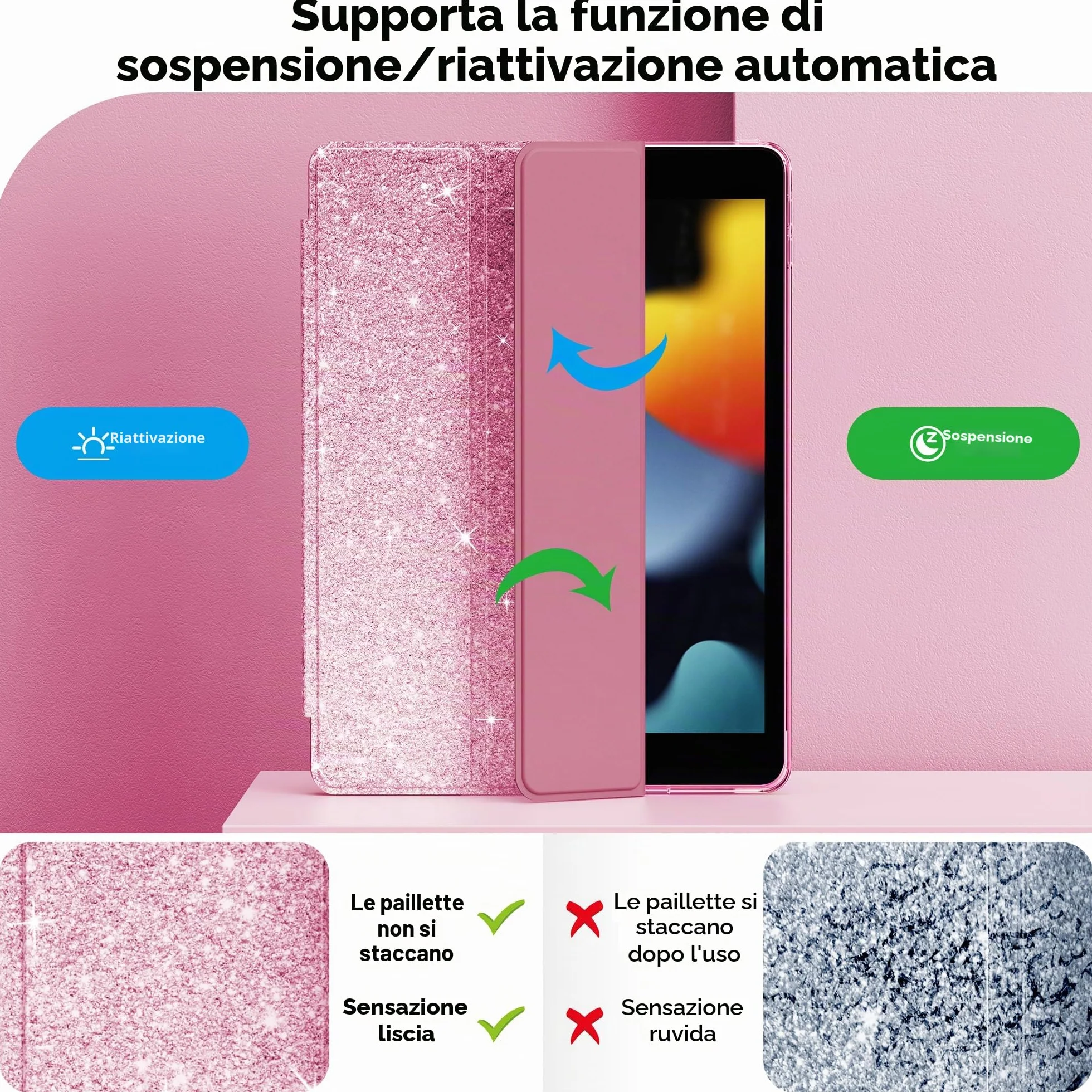 Custodia iPad 10,2" Glitterata Retro Trasparente Portapenne Bambine Rosa