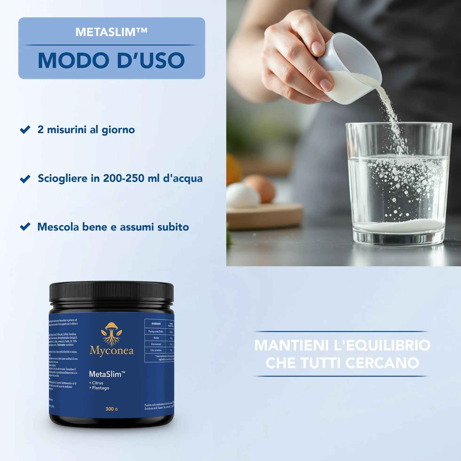 MetaSlim Glucomannano e Psillio in Polvere Integratore Fibre Senso di Sazietà Equilibrio Peso 300g