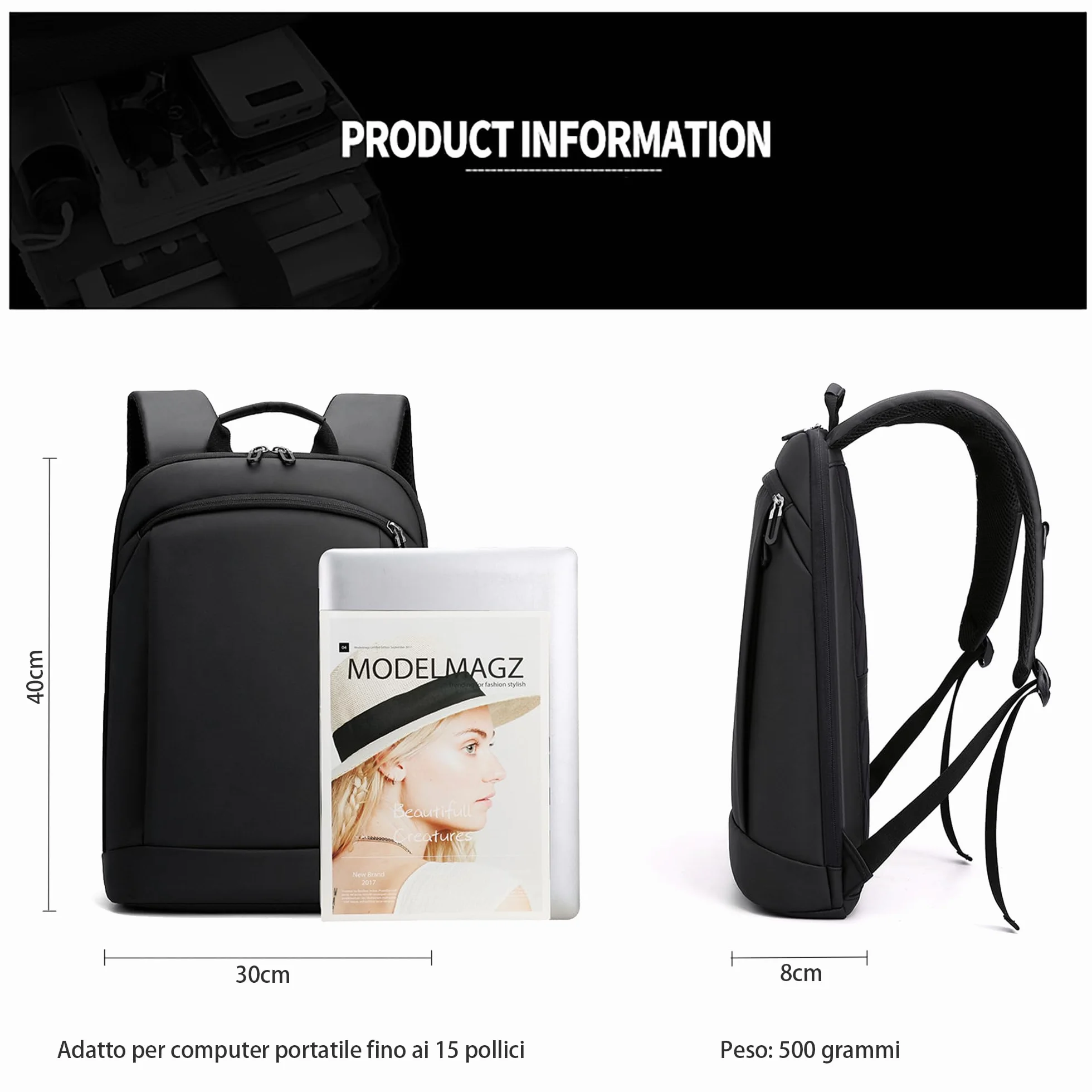 Zaino Porta PC Ultra Leggero Borsa per PC Portatile Custodia Computer Notebook Laptop in Membrana Impermeabile per Business Viaggio Lavoro Nero KM07