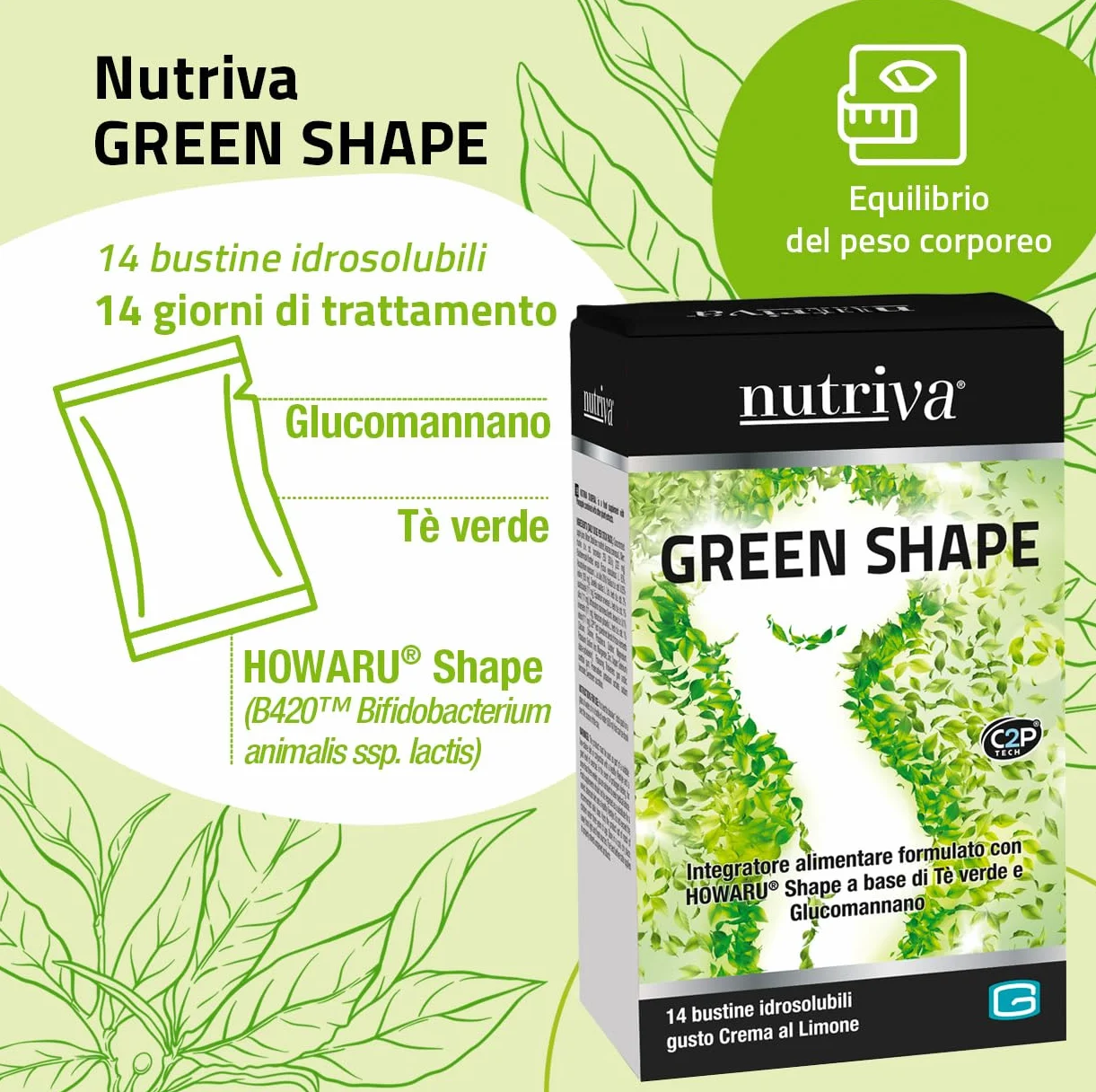 NUTRIVA Green Shape Integratore Alimentare con Glucomannano, Tè Verde e Probiotico HOWARU® B420™, 14 Bustine