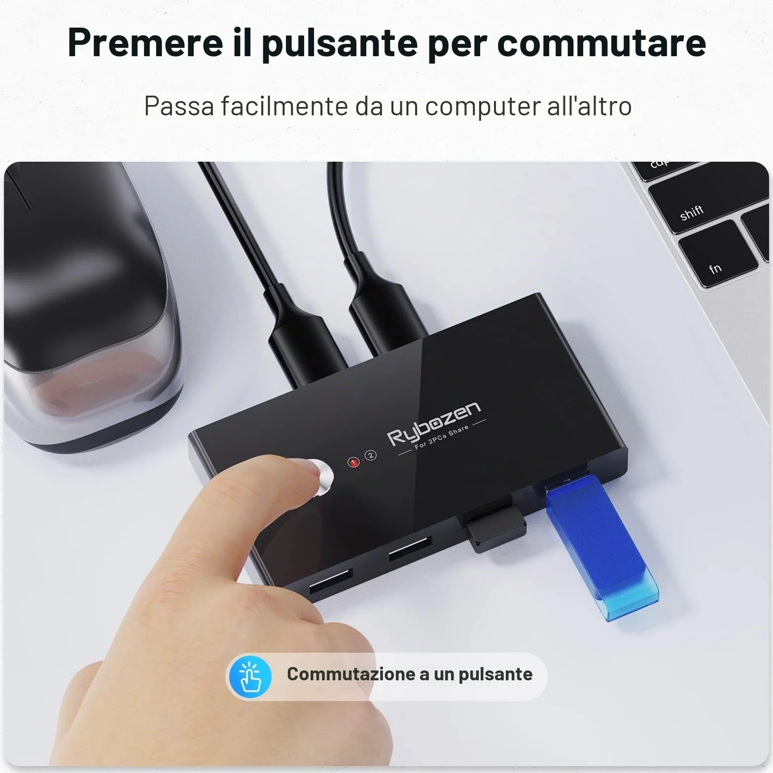 Switch USB 3.0 Selectore per 2 Computer, Switch USB per la Condivisione di 4 Dispositivi USB Hub periferico per Mouse, Tastiera, Scanner, Stampante; per Mac/Windows/Linux; 2 Cavi USB Inclusi