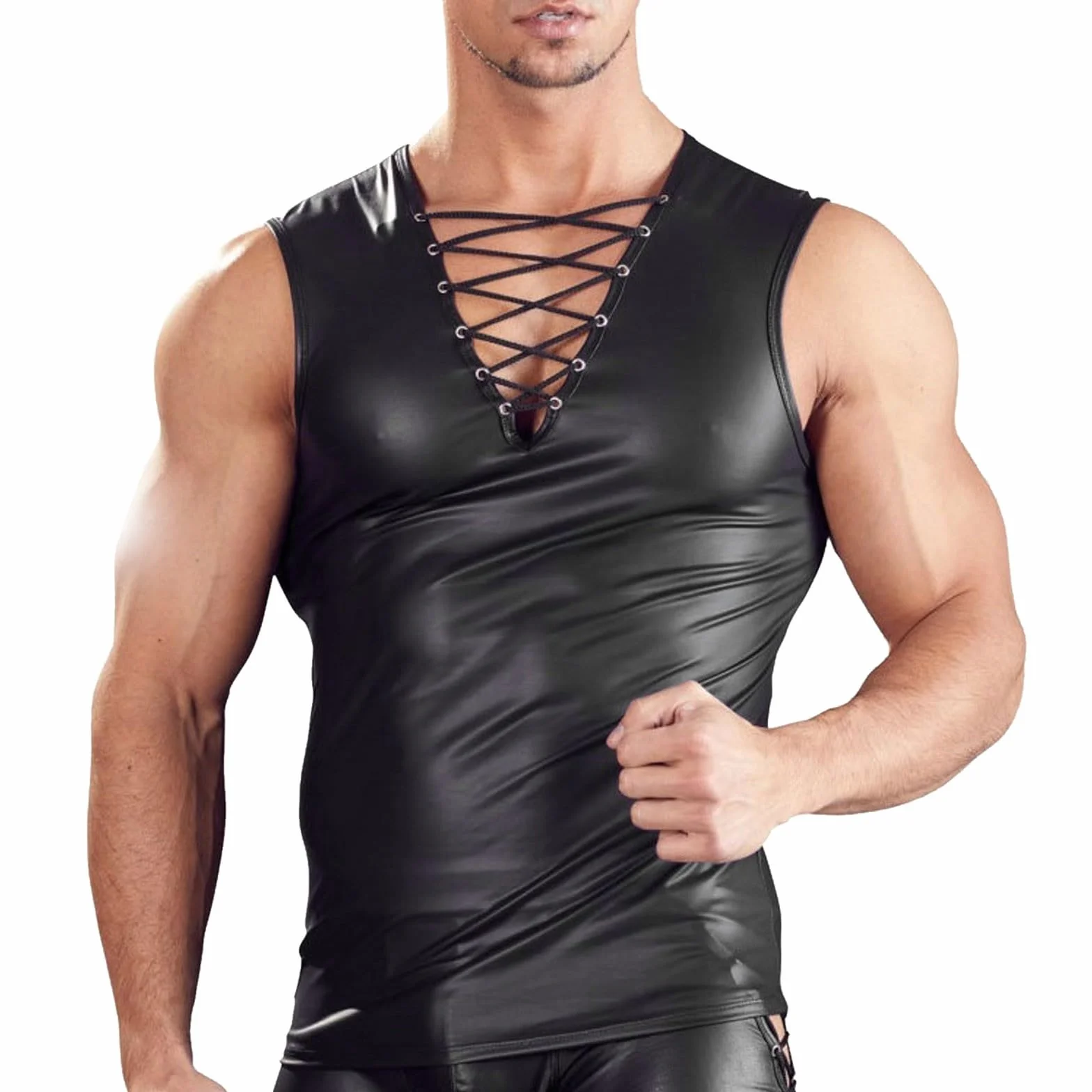 Camicia da uomo in pelle laccata maniche corte lattice stile kinky effetto bagnato clubwear