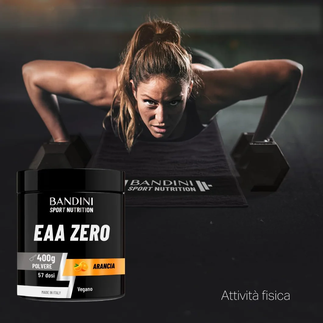 Bandini EAA Essential Amino in polvere 400 g 9 Amminoacidi Essenziali BCAA 2:1:1 Recupero Muscolare Vegan Gusto Arancia