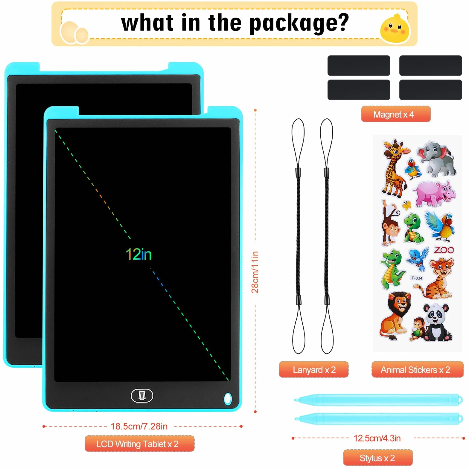 Tavoletta Grafica LCD 12 Pollici 2 Pezzi Schermo Colorato per Bambini Cancellabile Adesivi Animali Blu