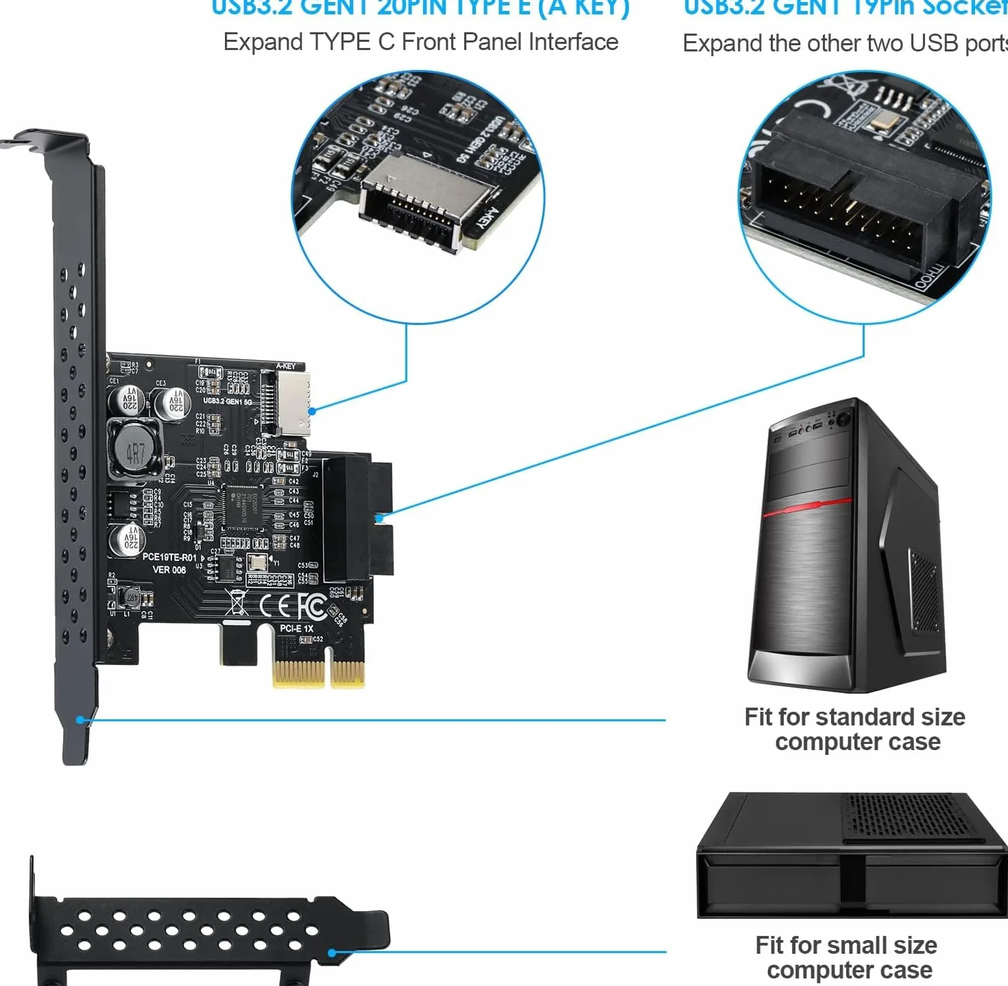 Connettore da pannello frontale PCI-E 1X a USB 3.2 GEN1 5 Gbps a 20 pin (all'intestazione del pannello frontale di tipo C),Scheda di espansione con presa USB 3.0 a 19pin