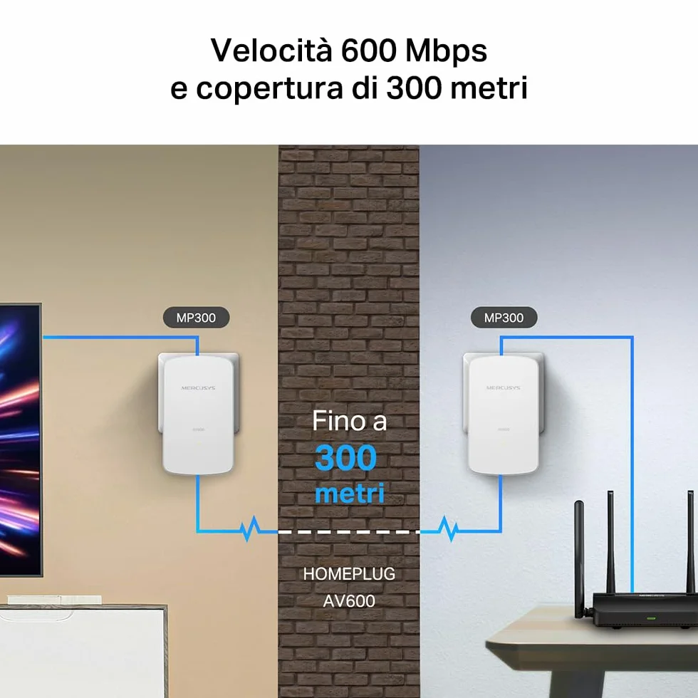 MERCUSYS MP300 KIT Powerline Kit Homeplug AV2 Fino a 600Mbps, Fino a 300 Metri, Porta LAN, Plug and Play, Compatibile con Tutti i Router, Risparmia all'85% sull'Energia