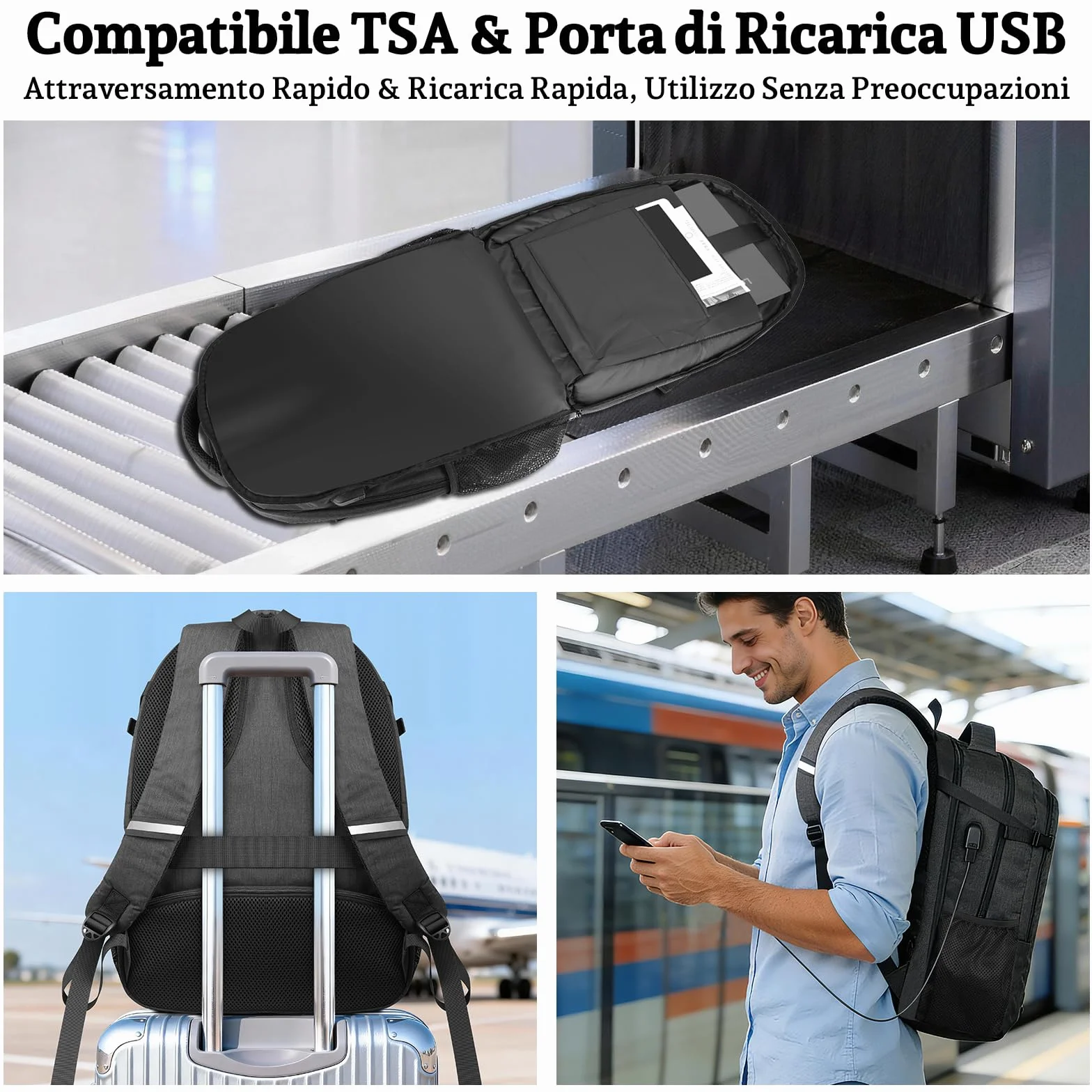 Zaino Porta PC, 15-17,3" PC per Zaino Uomo, Zaino da Viaggio e Scuola con Porta USB, Compagno Versatile per Adolescenti, Studenti e Lavoratori