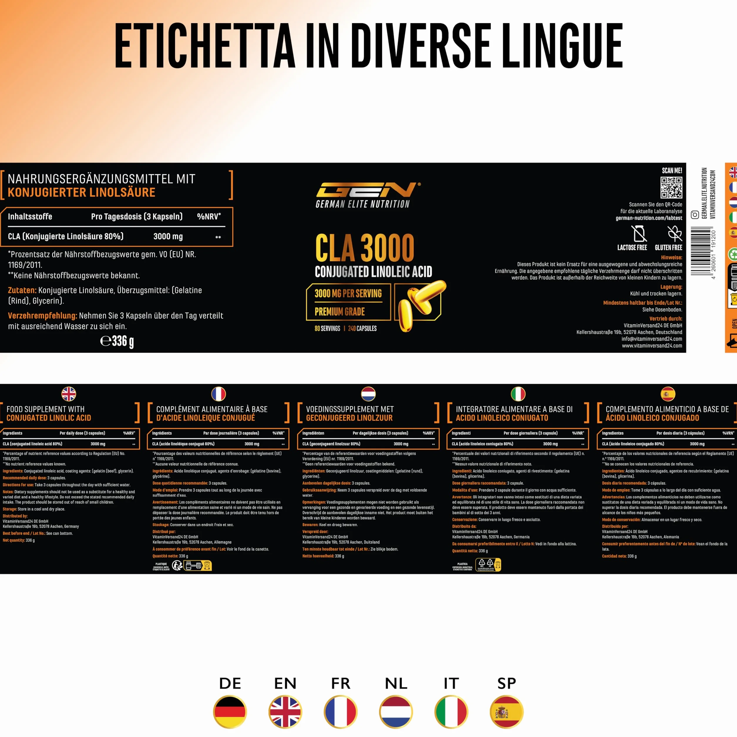 German Elite Nutrition CLA 240 capsule 1000 mg Acido linoleico coniugato puro Alto dosaggio 3000 mg