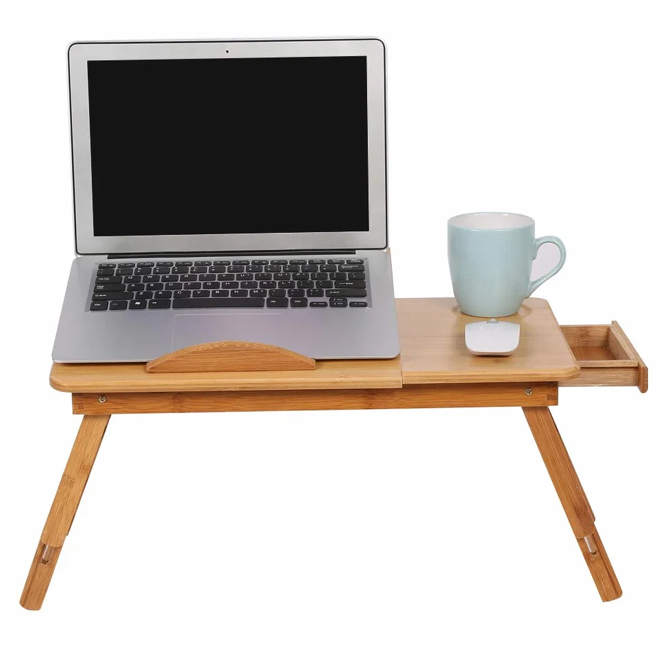 Supporto per Laptop Regolabile con Piccolo Cassetto e Scanalatura di Tazza, Scrivania Pieghevole in bambù, Ideale per Le Famiglie