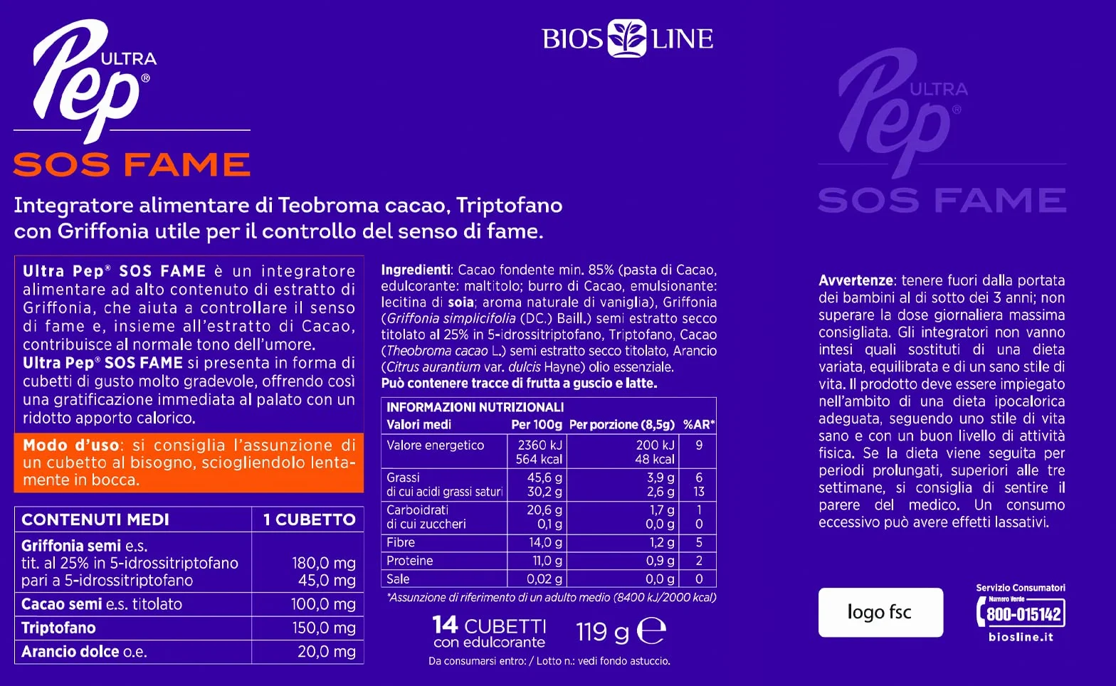BIOS LINE Ultra Pep SOS FAME Integratore Alimentare Controllo Fame Triptofano Griffonia 14 Cubetti Gusto Cacao