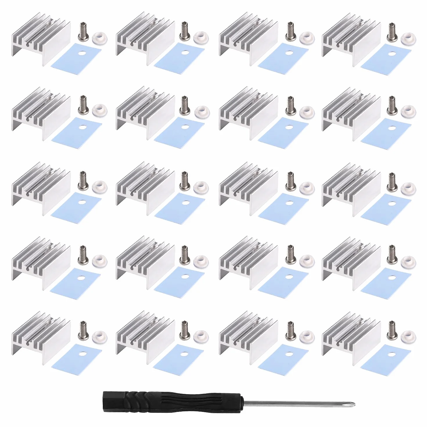 VooGenzek 20 Pezzi TO-220 Dissipatore Termico Alluminio + Isolante Kit, TO-220 Dissipatore Calore + Vite + Rondella + Isolante Gommata Silicone, per Transistor MOSFET, 20x15x10 mm