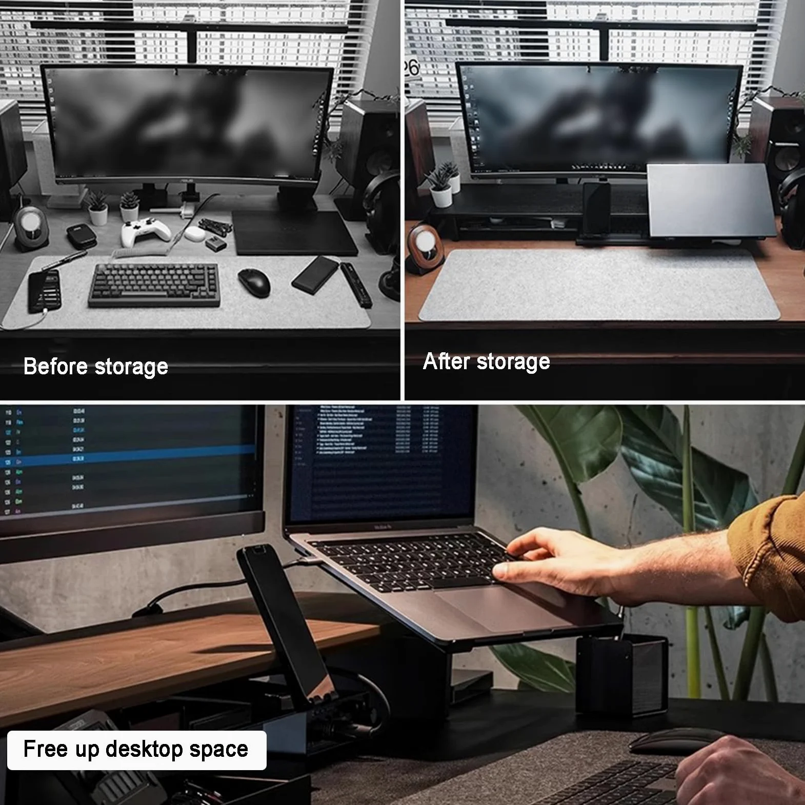Supporto per Monitor in Legno, Organizer da Scrivania da 120 Cm per Display del Computer, con Vano Porta Smartphone/Laptop/Auricolari, Gestione Cavi, Accessori da Scrivania