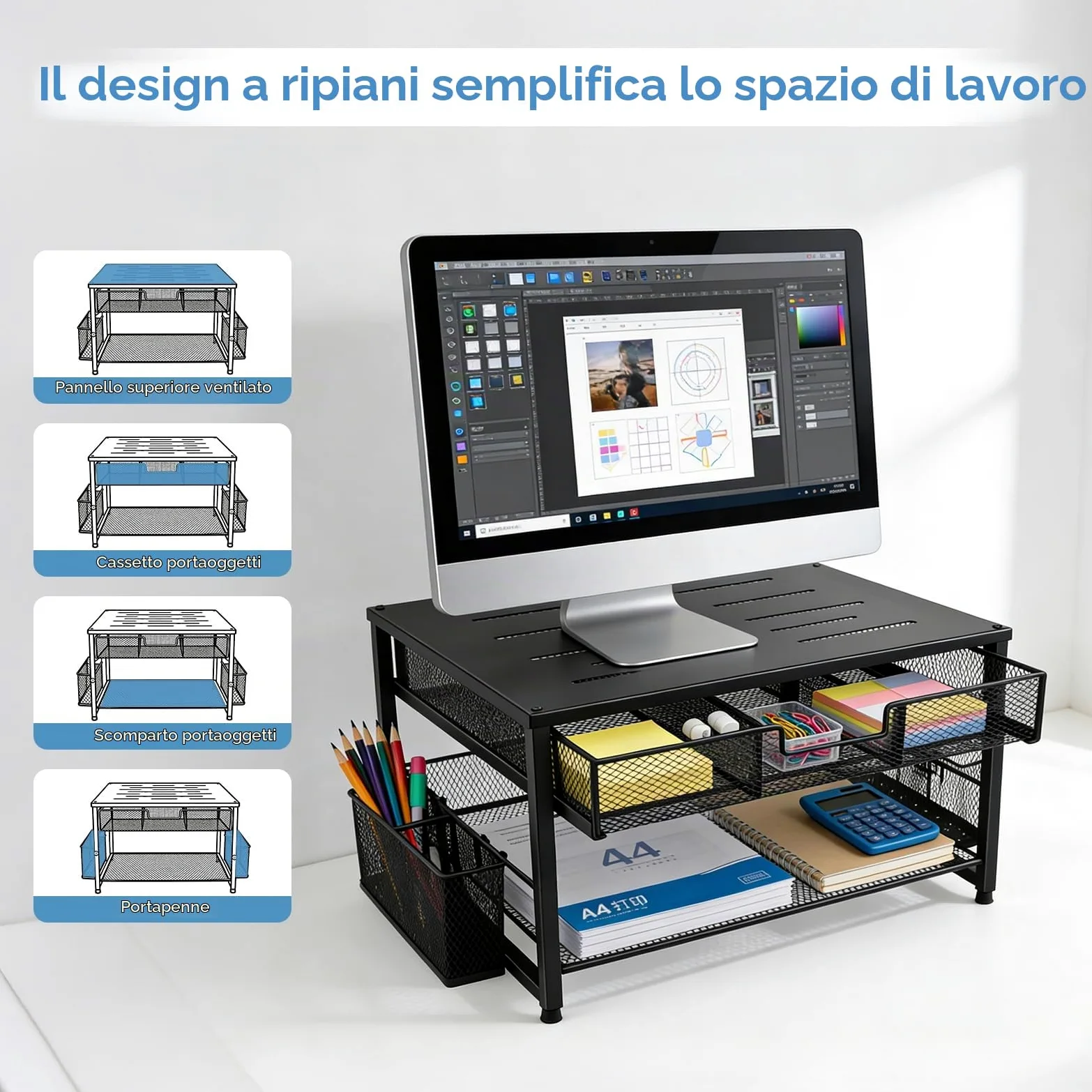 Supporto per monitor, organizer da scrivania in metallo con cassetto e 2 portapenne, rialzo ergonomico per monitor per stampante, laptop e ufficio, espositore a 2 livelli (nero)