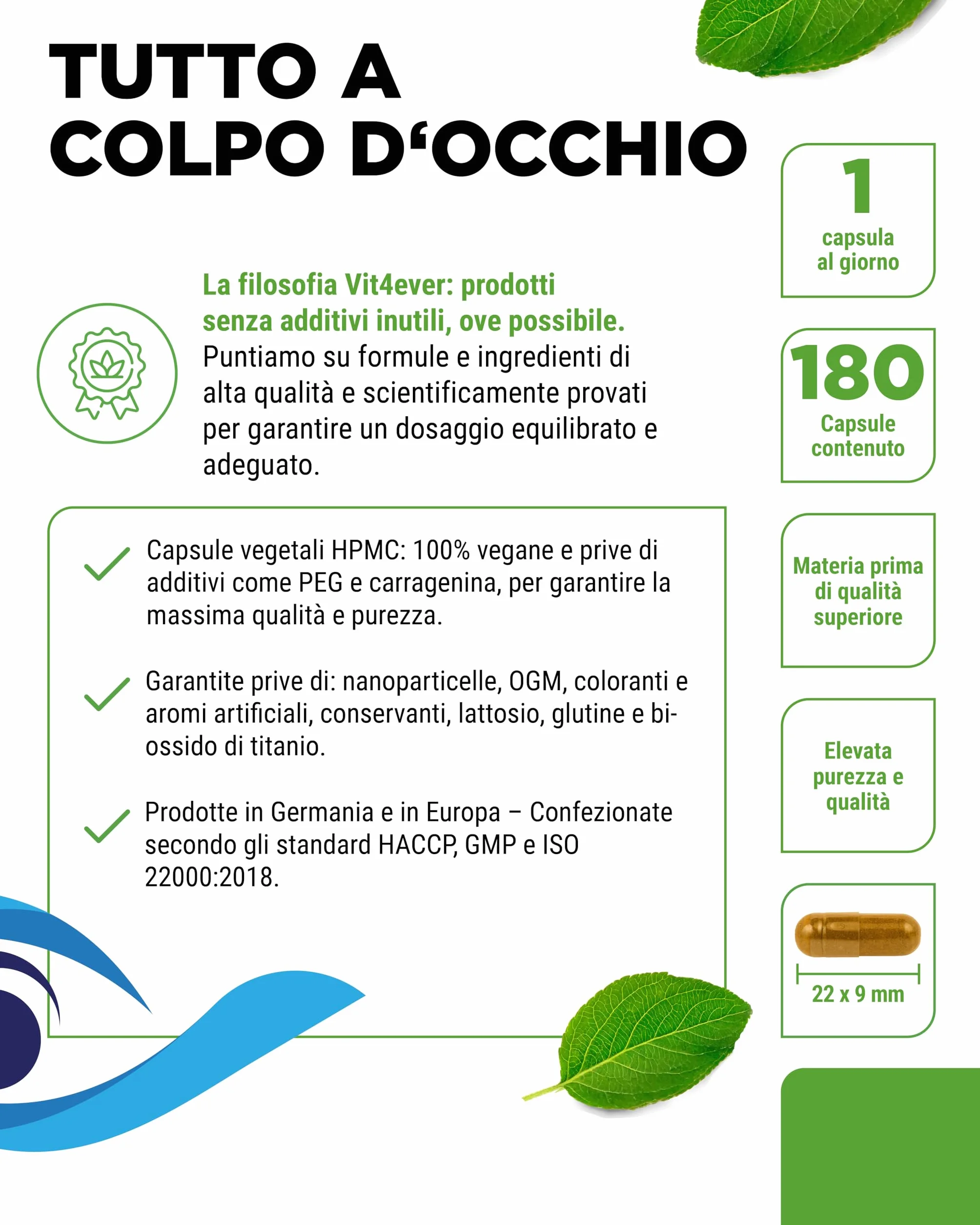 Complesso Vitaminico per gli Occhi 180 capsule con Luteina, Zeaxantina, Estratto di Mirtillo, Beta-Carotene, Vitamina A e B2 - Vegano, alto dosaggio