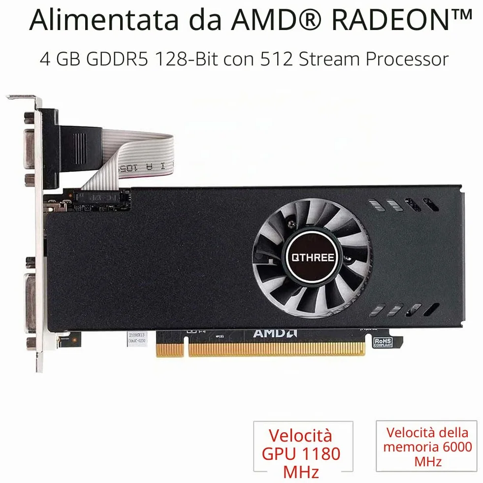 QTHREE Radeon RX 550 Low Profile Scheda Video, 4GB GDDR5 128-bit, DVI-D, HDMI, VGA, PCI Express x8, Gaming Scheda Grafica, DirectX 12, Computer GPU