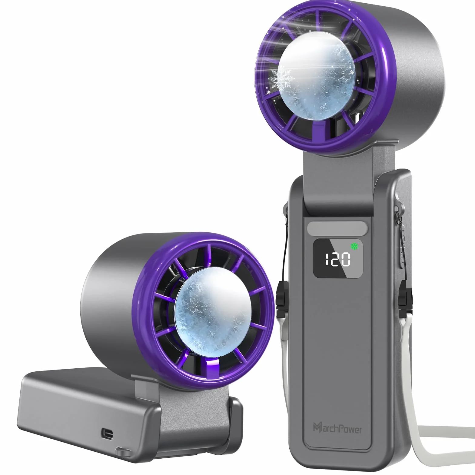 Marchpower Mini Ventilatore Portatile, 120 Livelli di Velocità Ventilatore da Tavolo Silenzioso USB Ricaricabile Pieghevole con Funzione di Raffreddamento a Ghiaccio per Casa Ufficio Esterno - Grigio