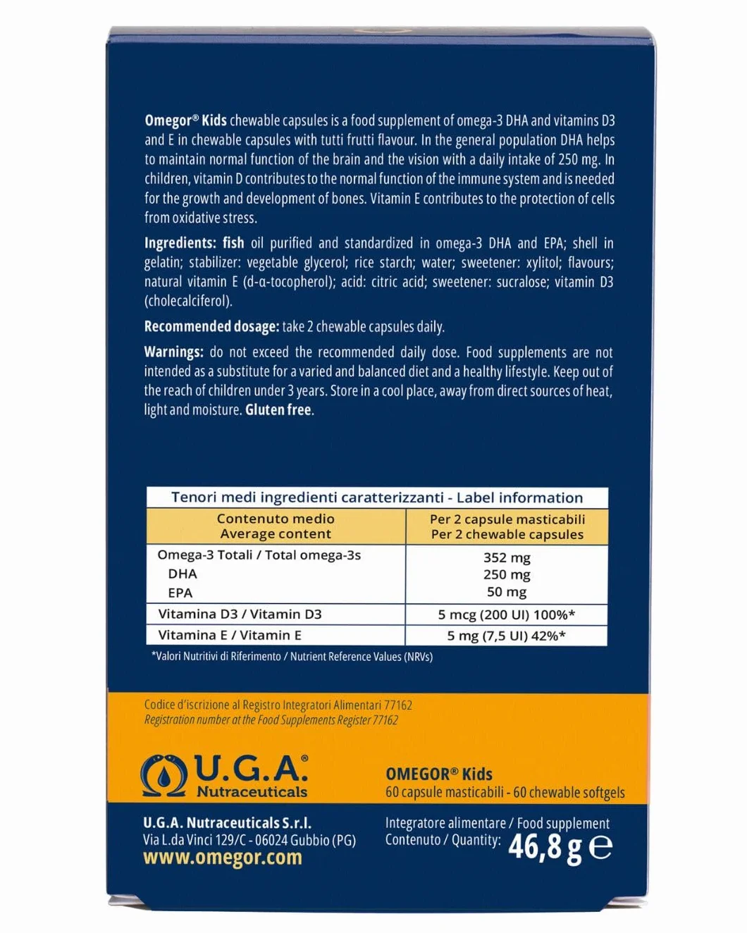 Omega 3 Bambini OMEGOR Kids 3+ Anni 60 Capsule Masticabili alla Frutta con Vitamine D3 ed E Ricco di EPA e DHA