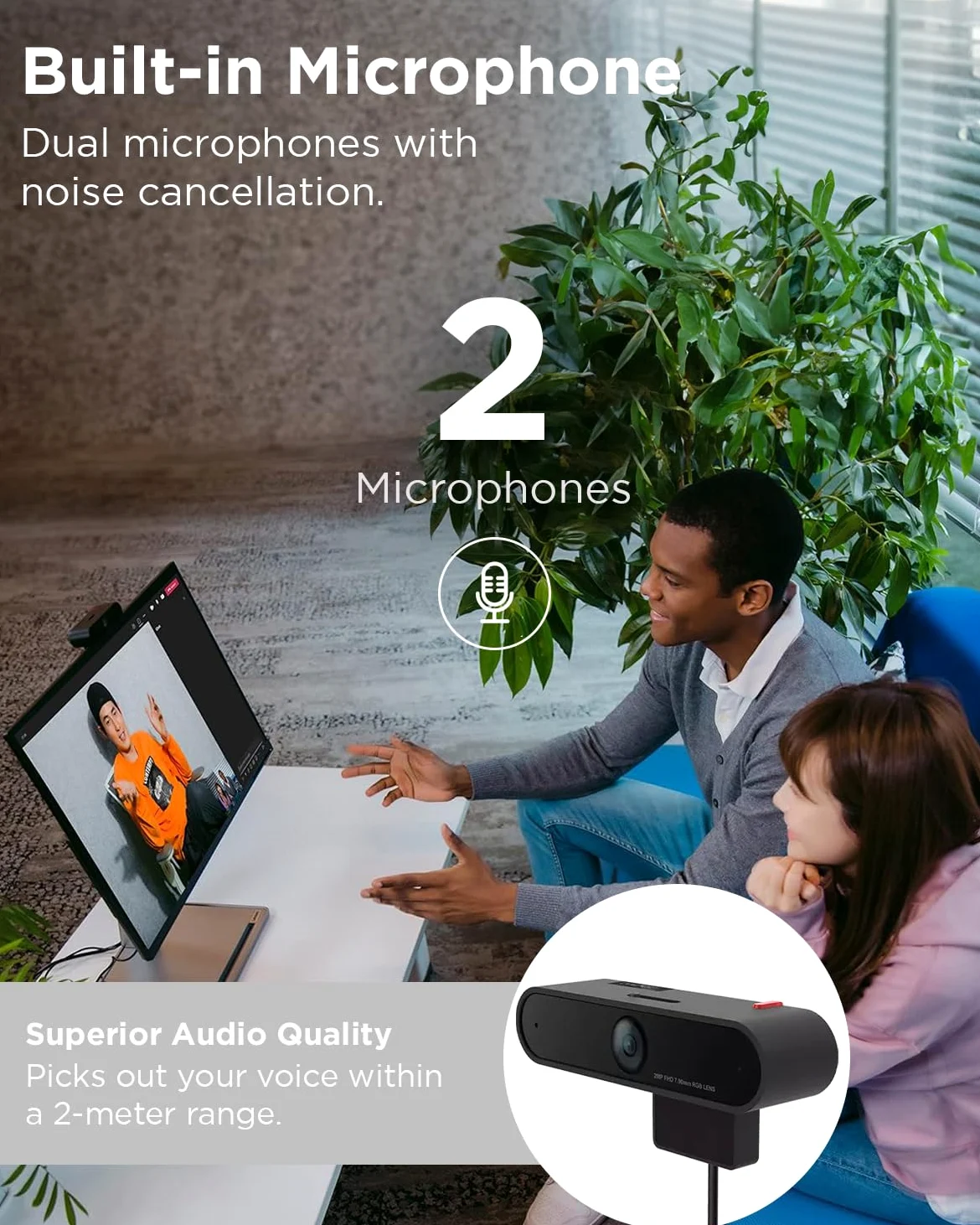 Lenovo Webcam LC50, 1080p, doppio microfono e cancellazione del rumore, attacco magnetico, otturatore per la privacy integrato