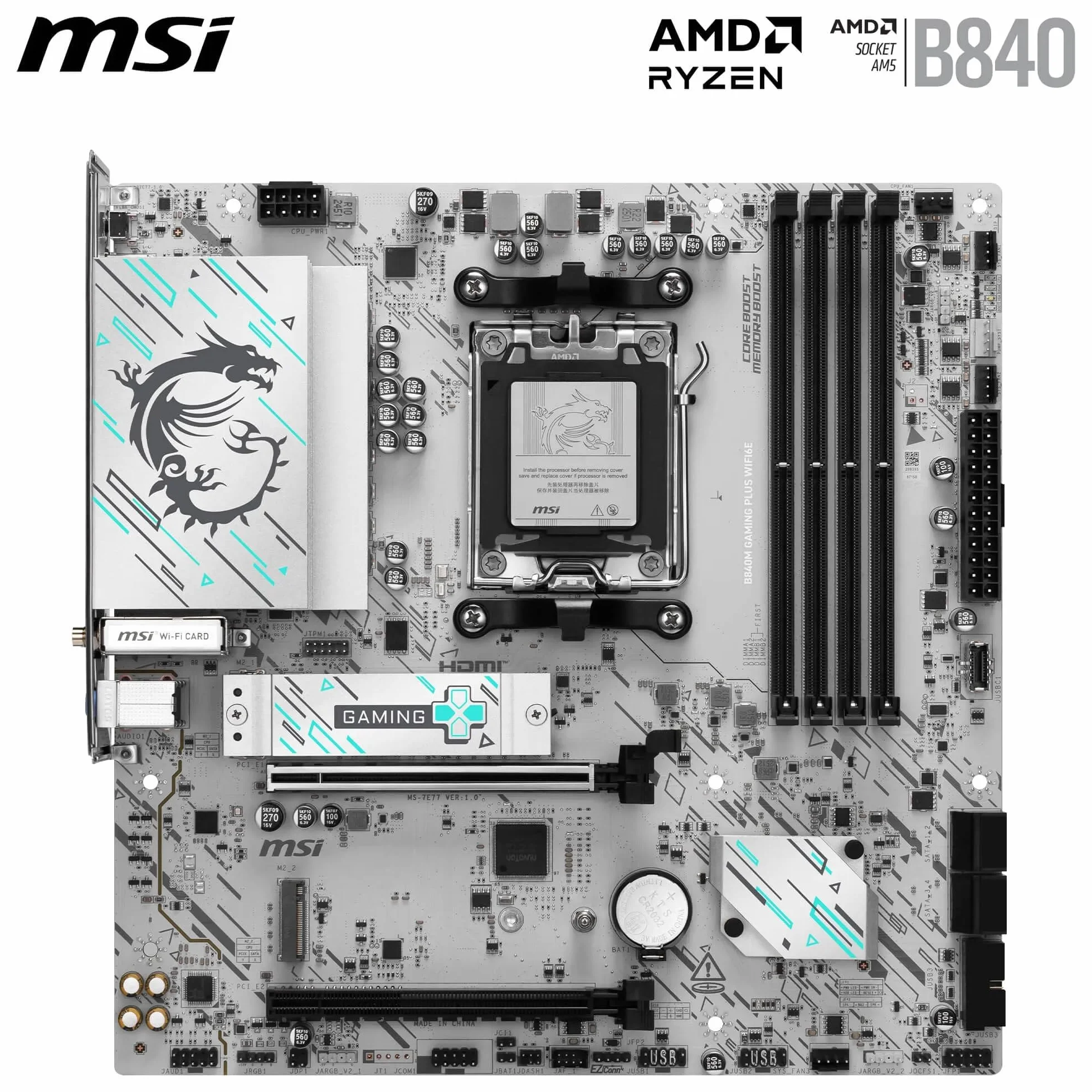 MSI B840M GAMING PLUS WIFI6E – Scheda Madre mATX compatibile con AMD Ryzen Serie 9000/8000 / 7000, Socket AM5 – Supporto DDR5 Boost fino a 8000+ MT/s (OC), PCIe 4.0 x16, M.2 Gen4, Wi-Fi 6E, LAN 2.5G