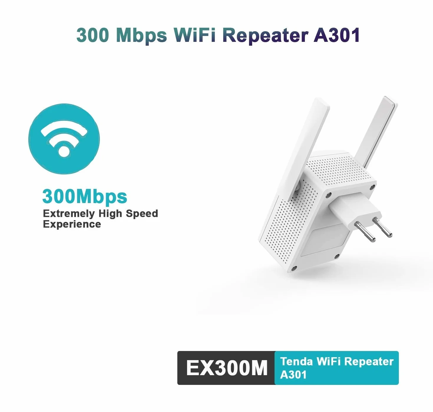 Tenda A301 Ripetitore WiFi 300 Mbps, 1 * 10/100M LAN Porta Ethernet, Plug And Play, Easy Expand, Segnale Forte con 2 Antenne LED Intelligente, Amplificadores WiFi Esterne Spina Europa