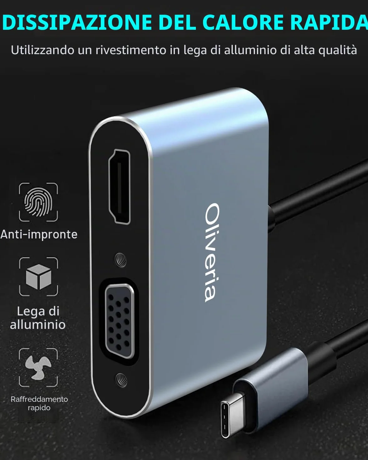 Oliveria Adattatore Multiporta USB C 4 in 1 4K@30Hz HDMI VGA Thunderbolt 3 PD 100W USB 3.0 per MacBook