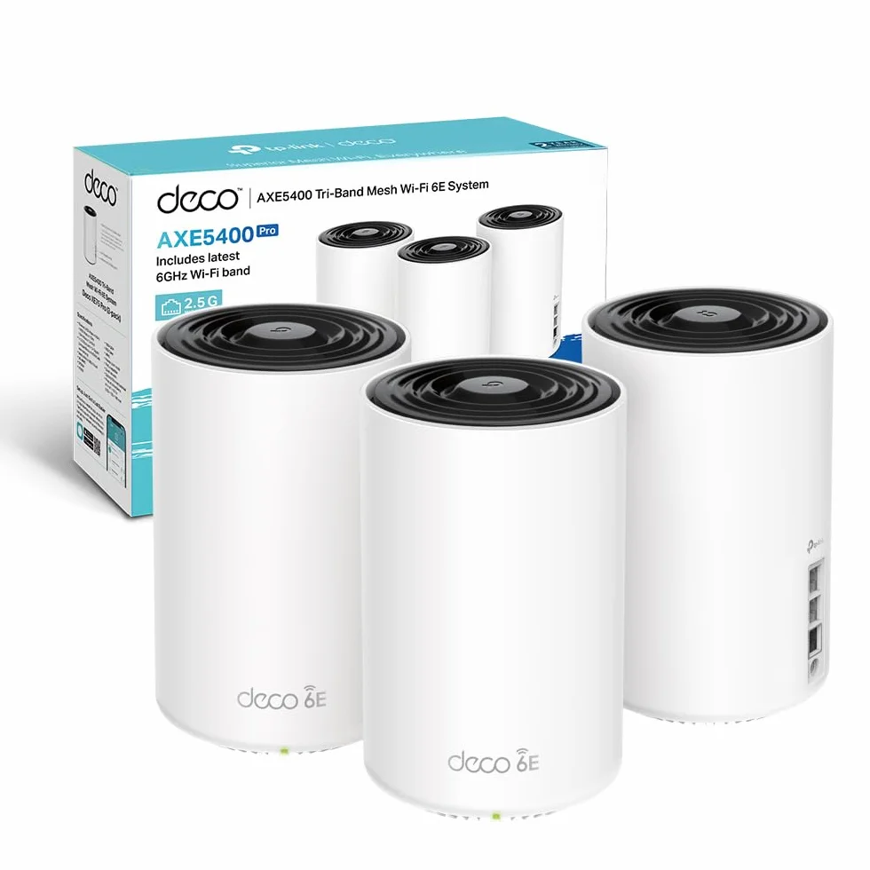 TP-Link Deco XE75 Pro Router Mesh WiFi 6E, AXE5400Mbps Tri-Band, Nuova Banda da 6 GHz, Porta Ethernet da 2,5 Gbps, AI Mesh, Ripetitore WiFi, Access Point, Alexa, 3 Pezzi con Copertura fino a 670㎡