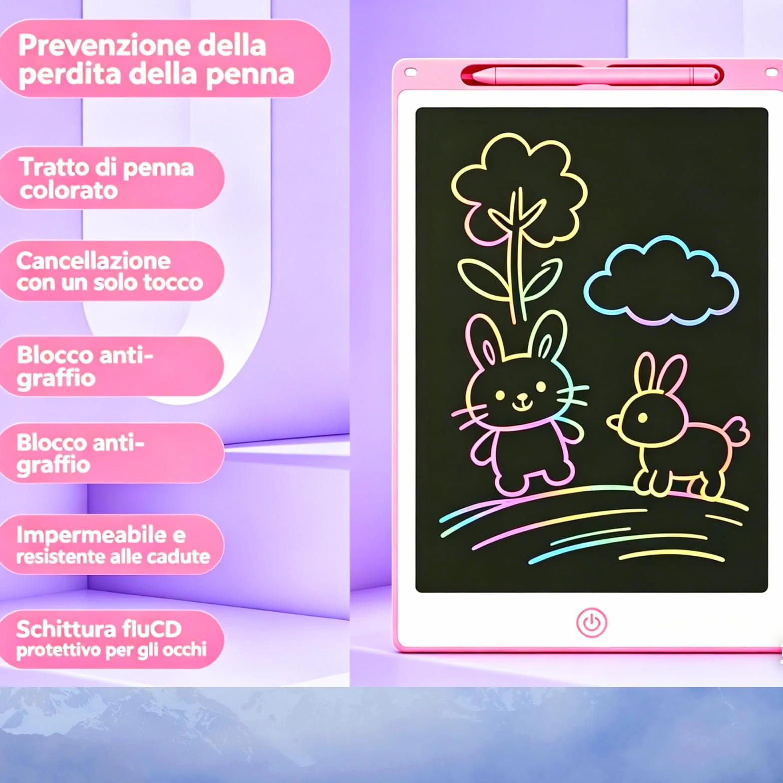 Tavoletta Grafica LCD 8.5" Rosa z Penna – Lavagna Elettronica Portatile per Bambini Impermeabile Antiurto