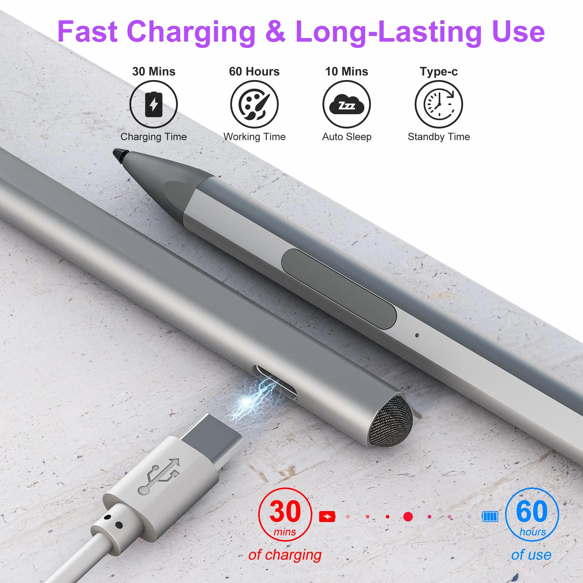 Penna Stylus per Surface Pro 11/10/9/8/7, Penna Ricaricabile con Palm Rejection e Aggancio Magnetico, 4096 Livelli di Pressione, per Surface Laptop 1 a 5, Go 3/2, Book, 3 Punte di Ricambio