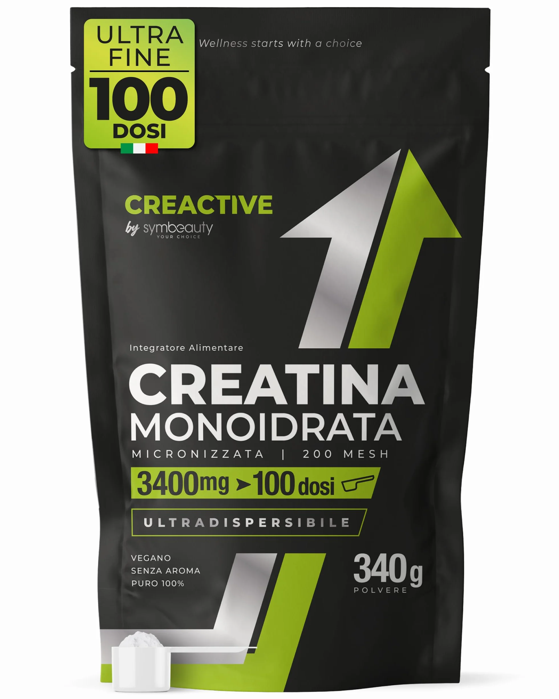 Symbeauty Creatina Monoidrata 100 dosi 340g Polvere Rapido Scioglimento Pre Workout Pura Micronizzata