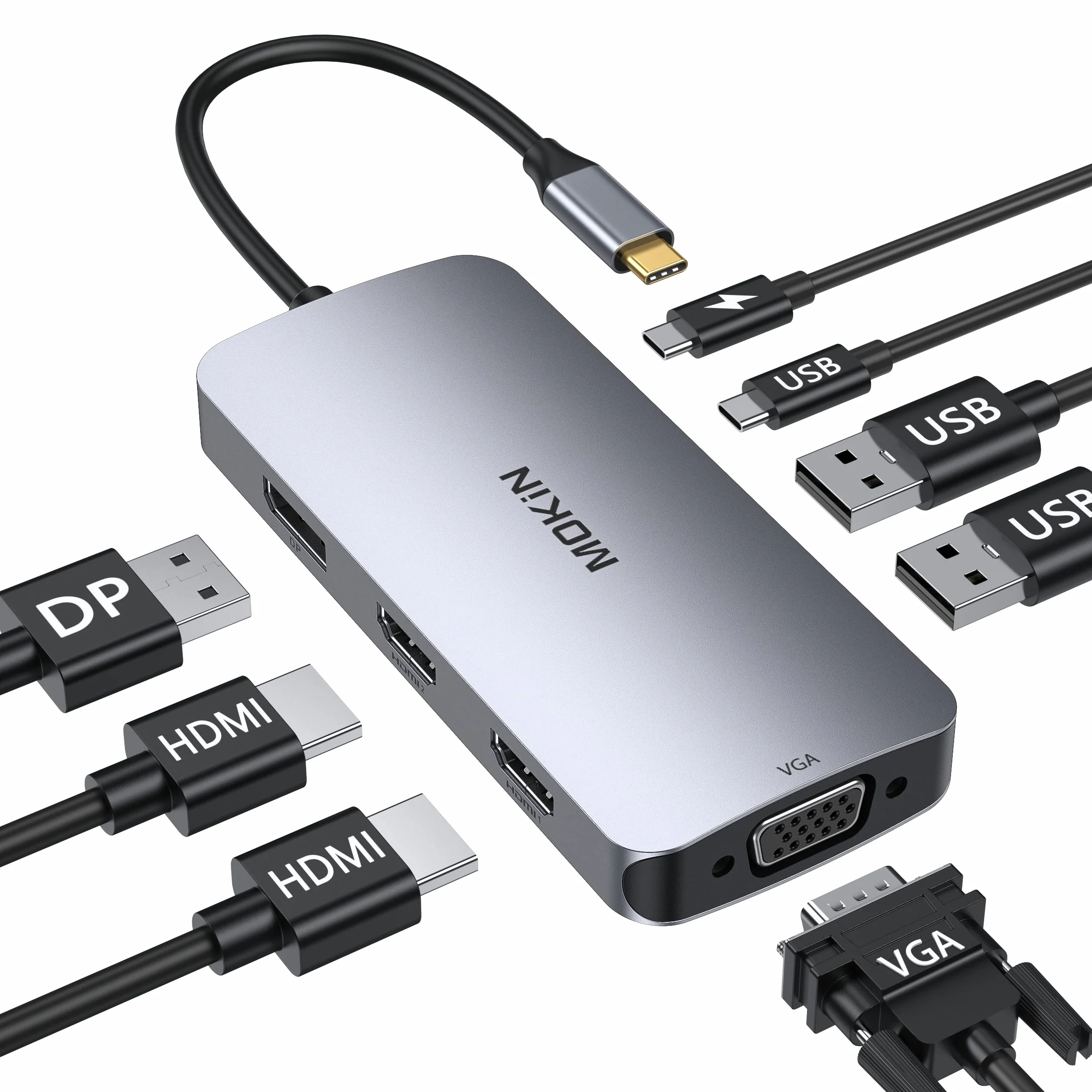 MOKiN Docking USB C con Doppio HDMI Adattatore per 3 Monitor, Hub USB C con Doppio HDMI, DisplayPort, VGA, Ricarica PD 100W, 2 Porte USB A 2.0, Porte Type C 2.0 Adattatore per Dell XPS, HP, Lenovo