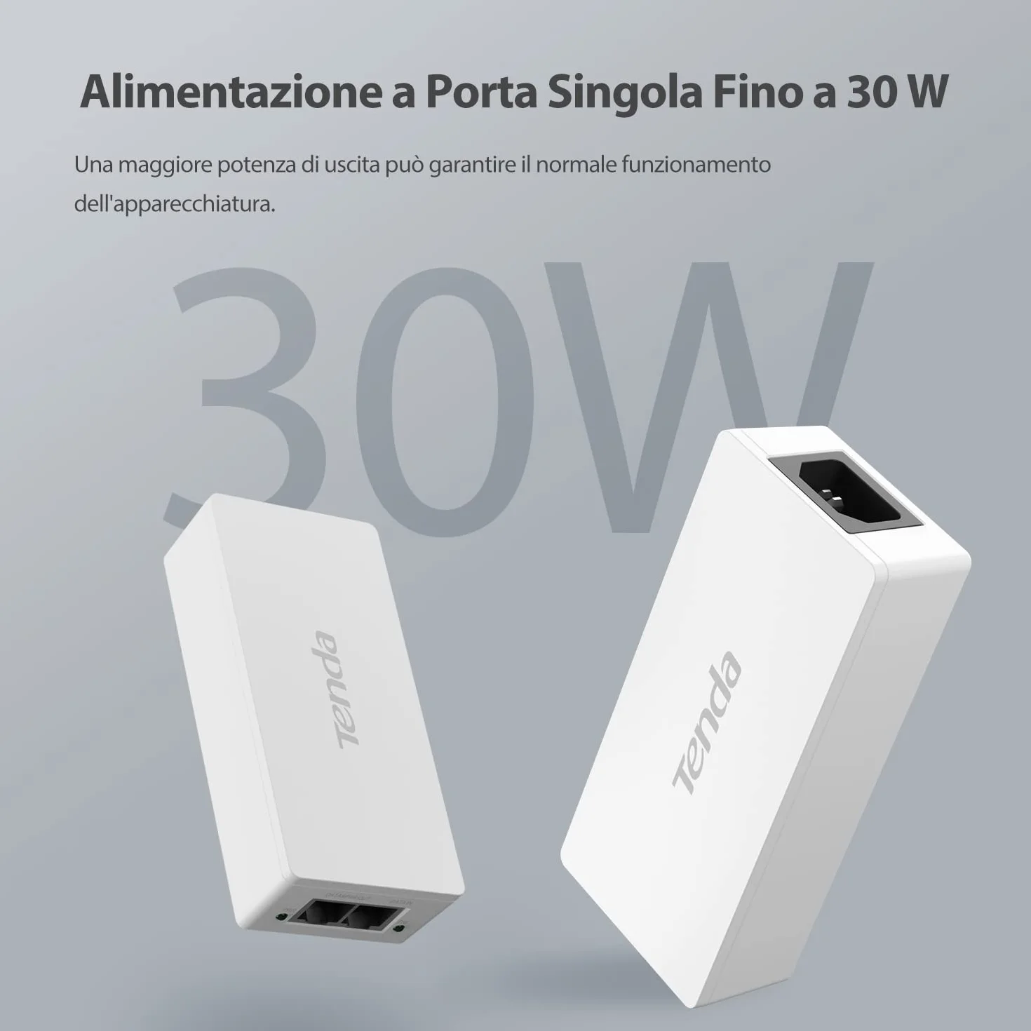 Tenda POE30G-AT Gigabit PoE Injector IEEE 802.3af/at, Uscita 48V-54V/30W, 10/100/1000 Mbps Ethernet PoE Adapter, Plug and Play, Fornisce Potenza fino a 100 Metri, Bianco