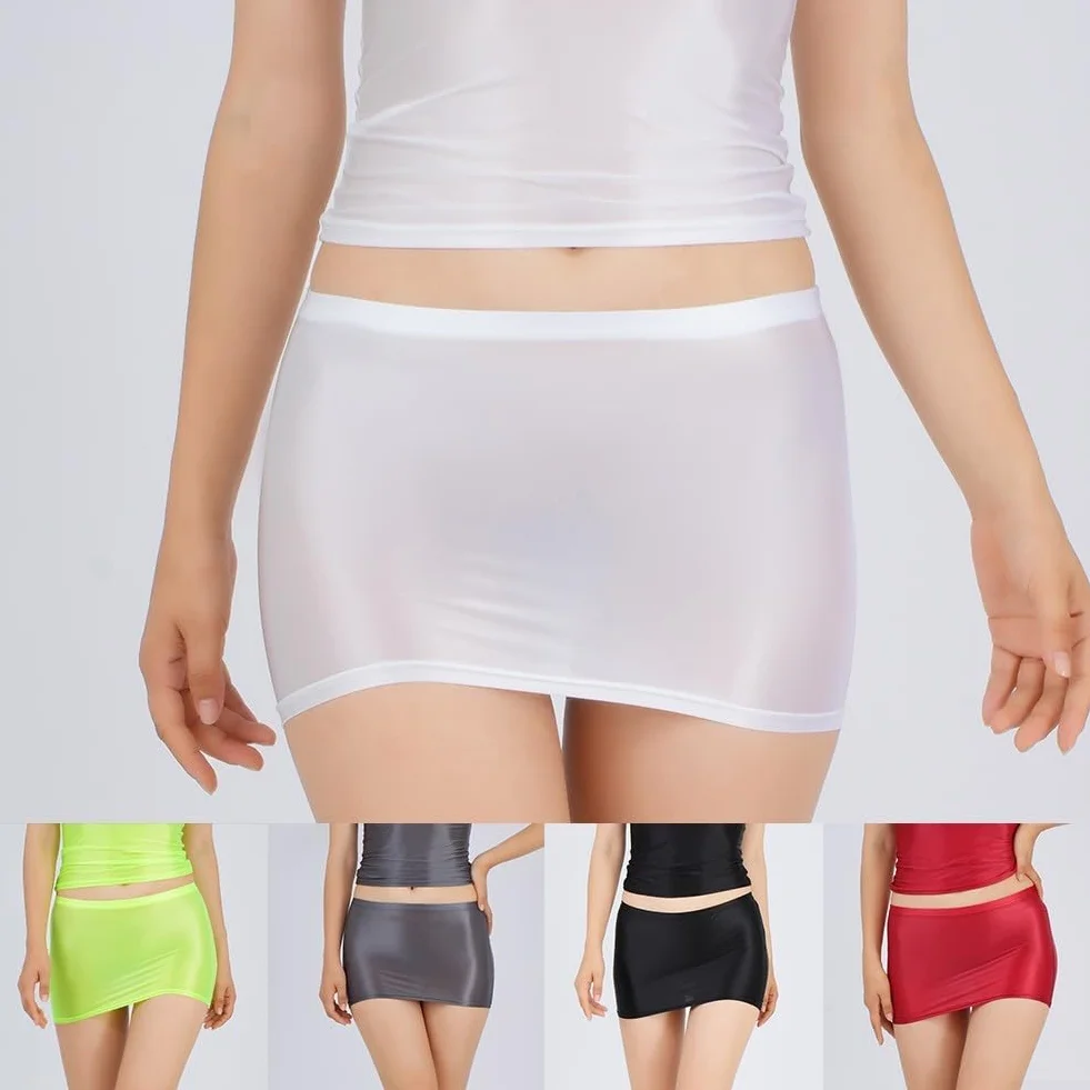 Minigonna sexy da donna in stile lingerie con texture seta oleosa lucida
