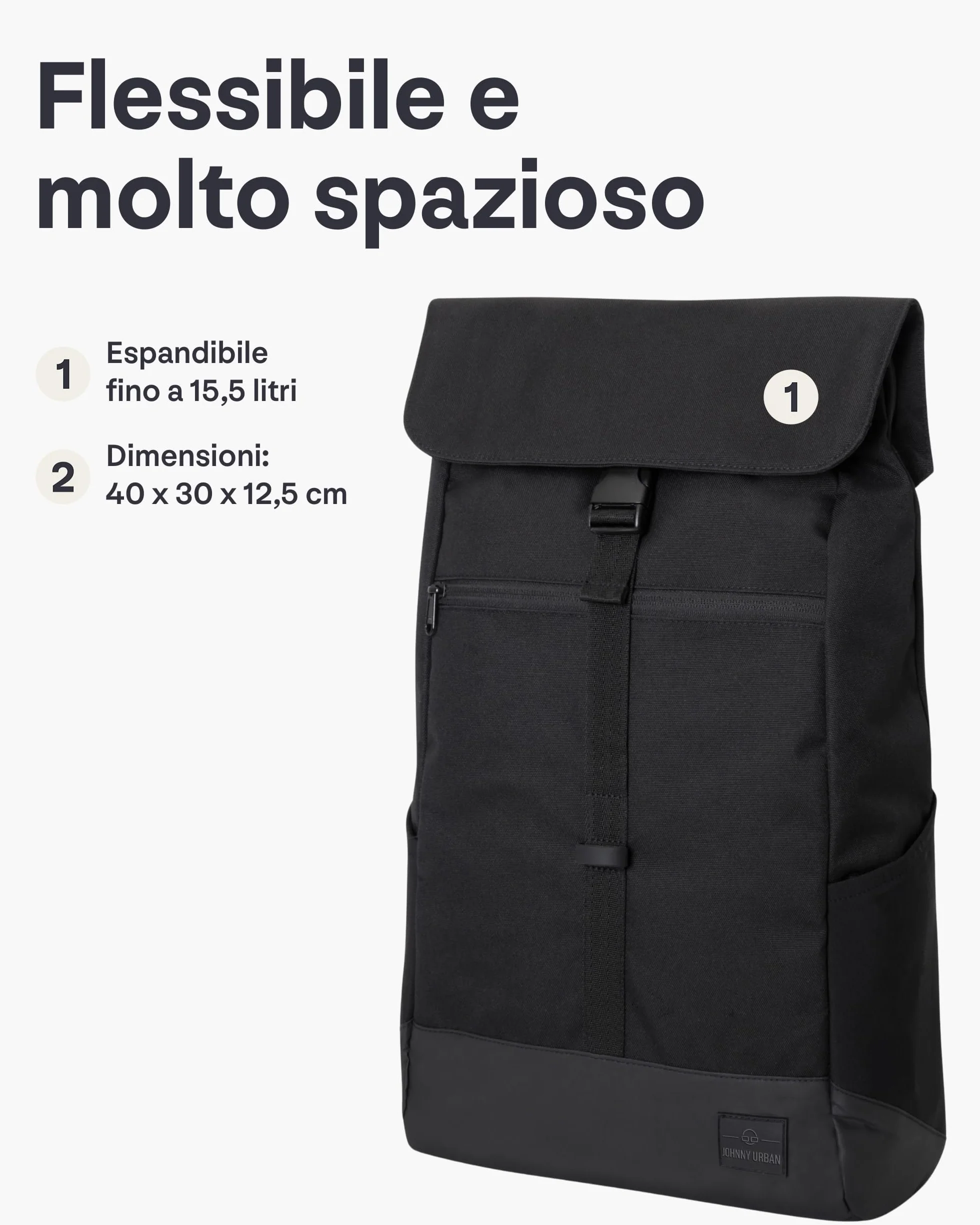 Johnny Urban Zaino Donna e Uomo Nero - MIKA - Zainetto con Vano per PC Portatile 16 Pollici - Backpack per Lavoro, Viaggio, Università - Impermeabile