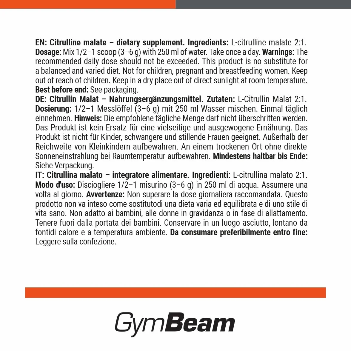 GymBeam Citrullina Malato in Polvere 3000 mg L-Citrullina e Malato Pre Workout 250 g Lemon-Lime