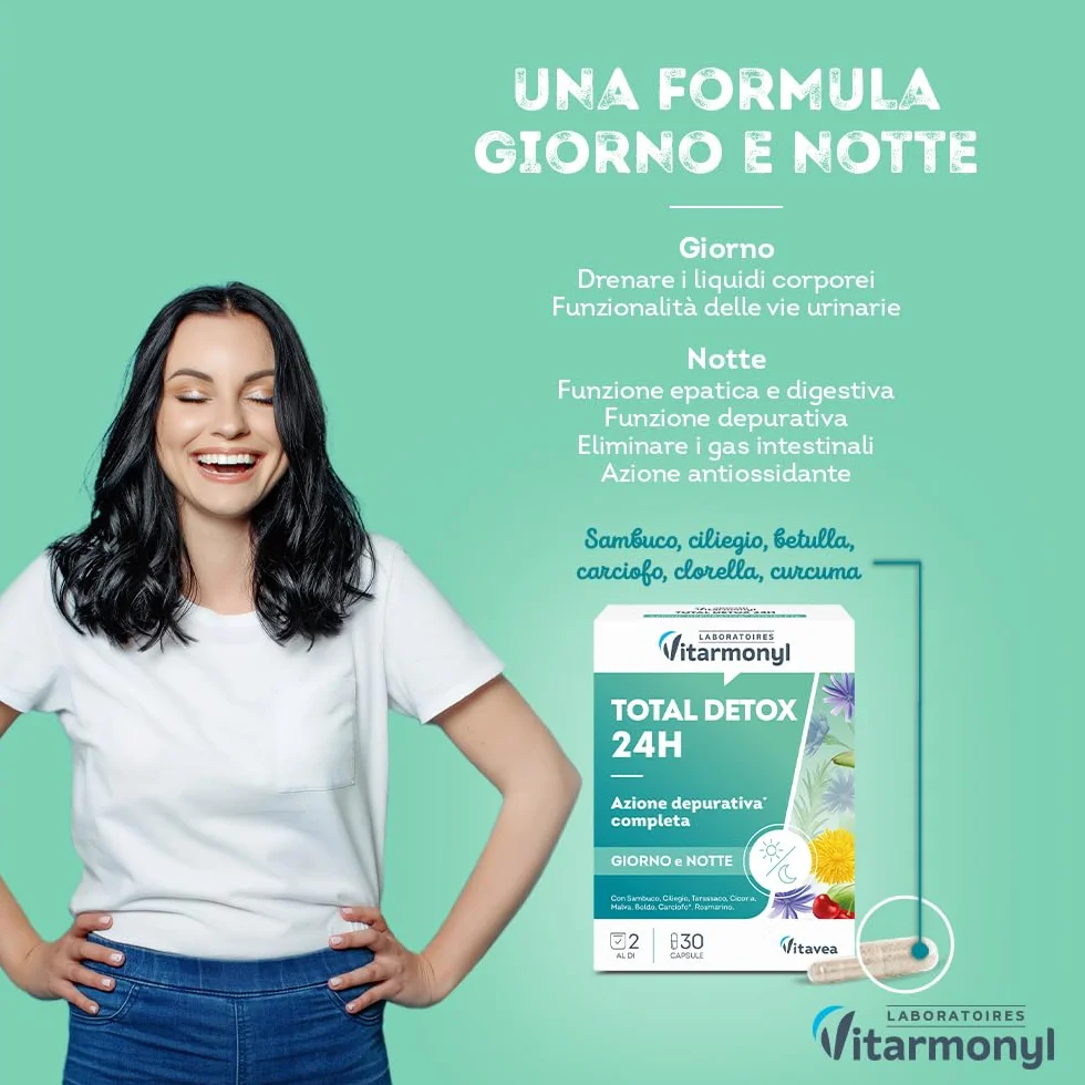 Vitarmonyl Total Detox 24H Drenante Forte Depurativo Fegato e Intestino 30 Capsule