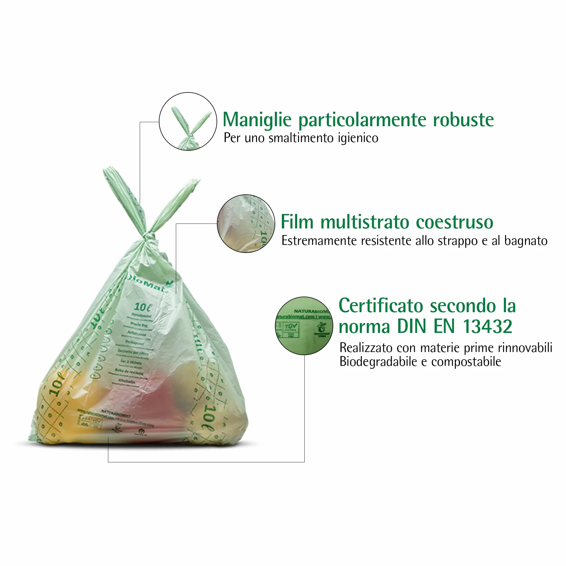 bioMat Sacchetti Compostabili 10l con Manici per Umido 26 Sacchi Certificati DINplus Made in Germany