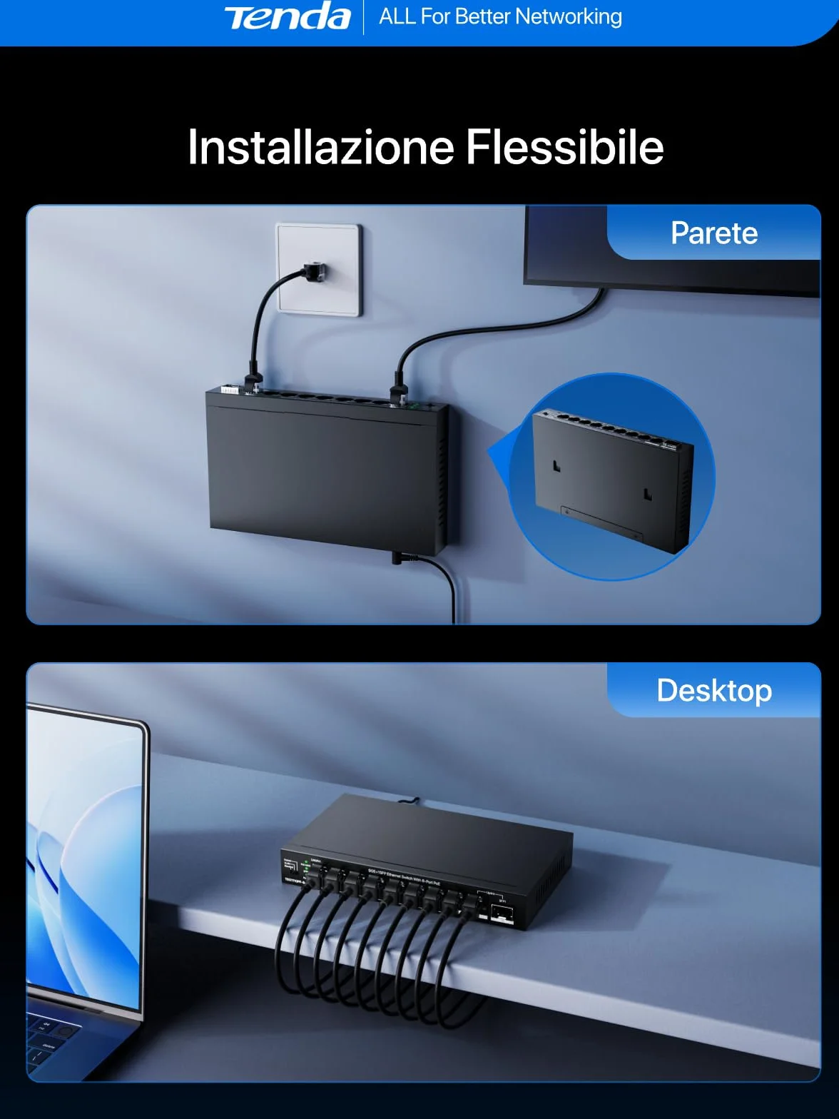 Tenda Switch PoE a 8 Porte PoE+, 1 Porta Uplink Gigabit, 1 Porta SFP, Budget da 110 W, IEEE 802.3af/at, VLAN, Portata PoE Fino a 250 m, senza Ventola, Chassis in Metallo (TEG1110PF-8-120W)