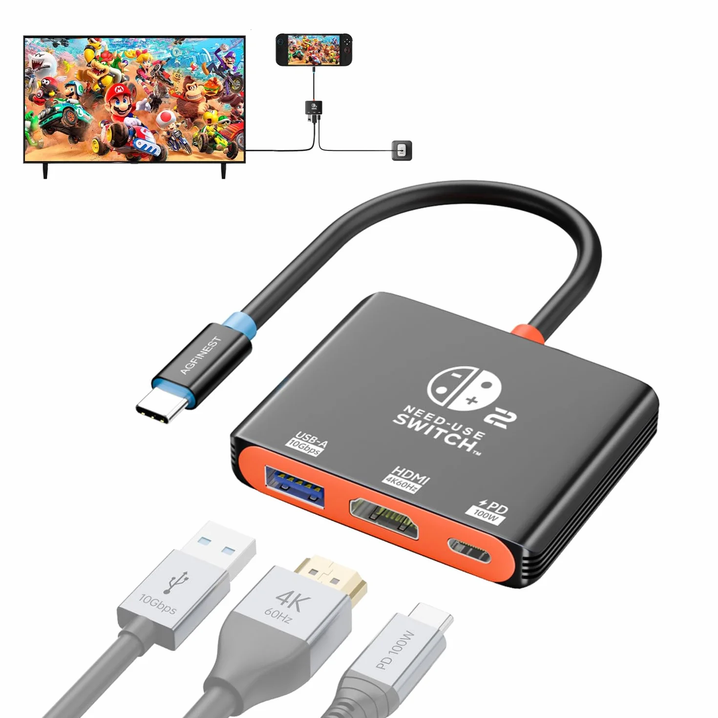 Sostituto Dock per Switch 2, 4K@60Hz HDR, 100W PD, USB-A 3.1 10Gbps, Dock Portatile per Viaggi e Gaming, Dissipazione in Alluminio Perfetto per Steam Deck, Switch OLED/2/1, Supporta l'ultimo Firmware