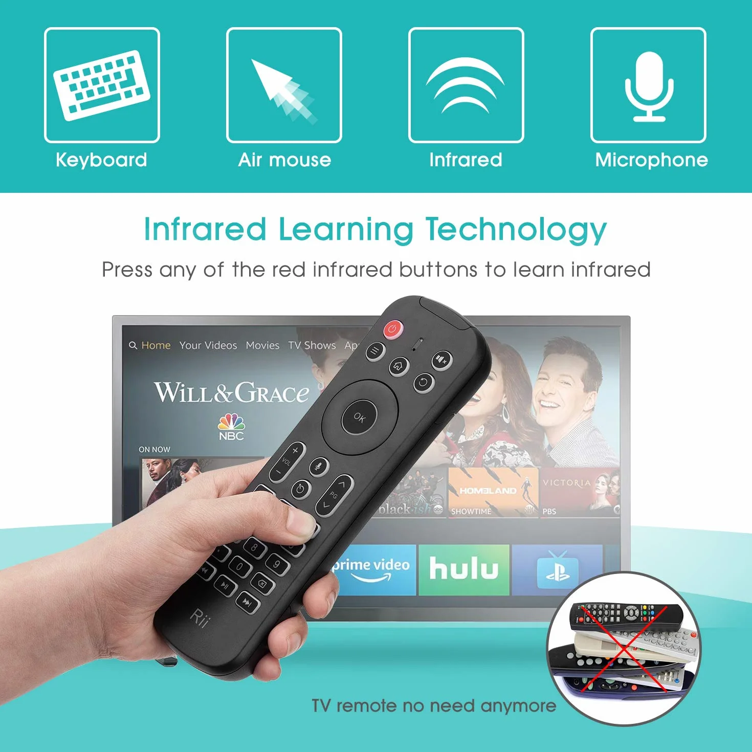 Rii Mini MX6+ (Wireless + IR) - Telecomando con Mouse giroscopico, Tastiera retroilluminata e Microfono integrati per Smart TV Android, TV Box, PC Windows e Mac