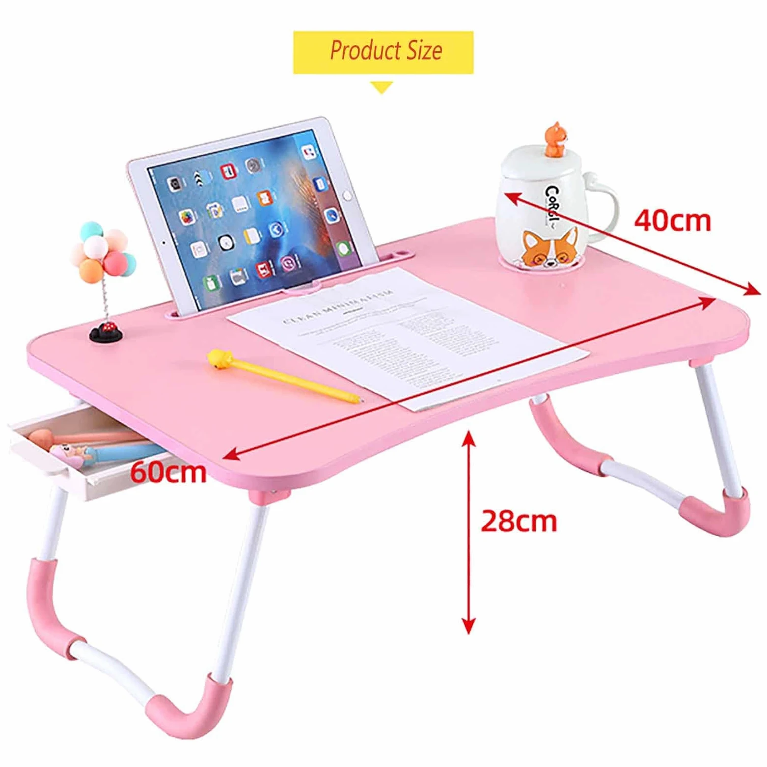 Scrivania per Laptop Multifunzionale Supporto per Laptop Pigro Tavolino Pieghevole Portatile Tavolino da Letto con Cassetto Portaoggetti,Pink
