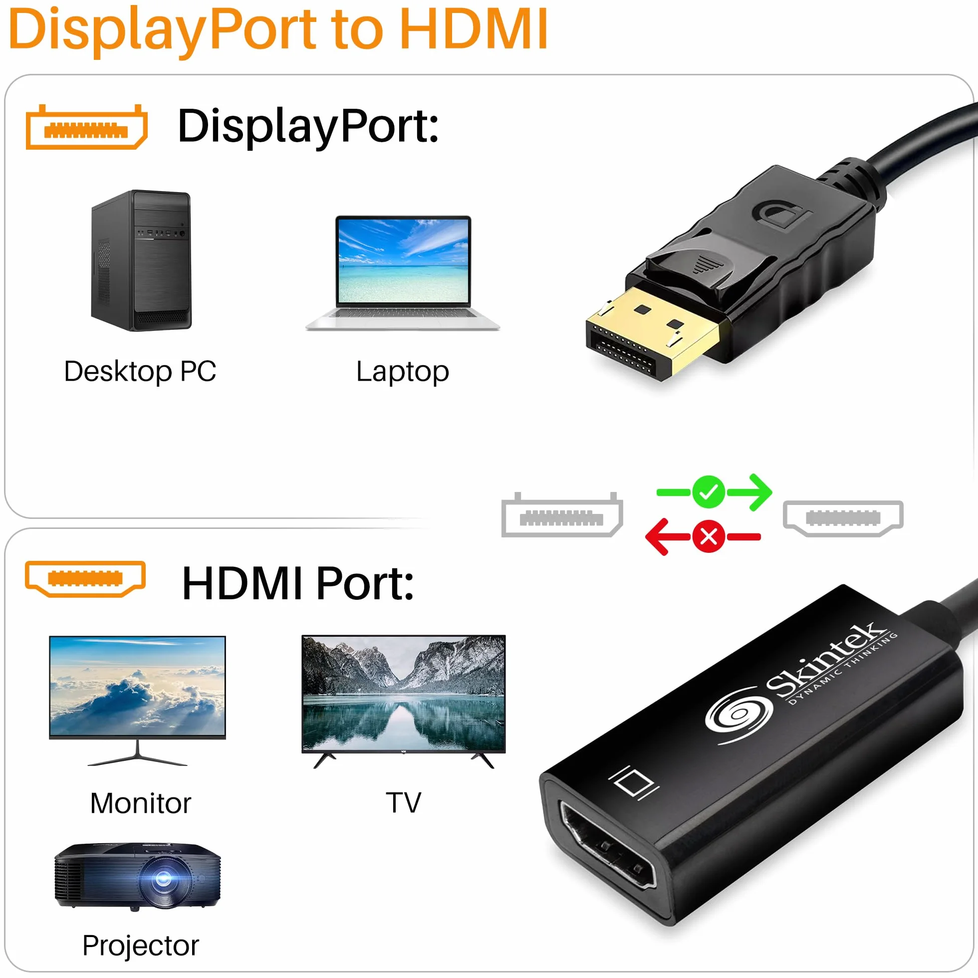 Skintek SK-04-DPH adattatore Display Port (DP) a HDMI, 4K 1080p 60 Hz, maschio-femmina per connettere PC/Notebook/MAC con uscita Display Port a Monitor,Projettore con ingresso HDMI. Cavo 18 cm.